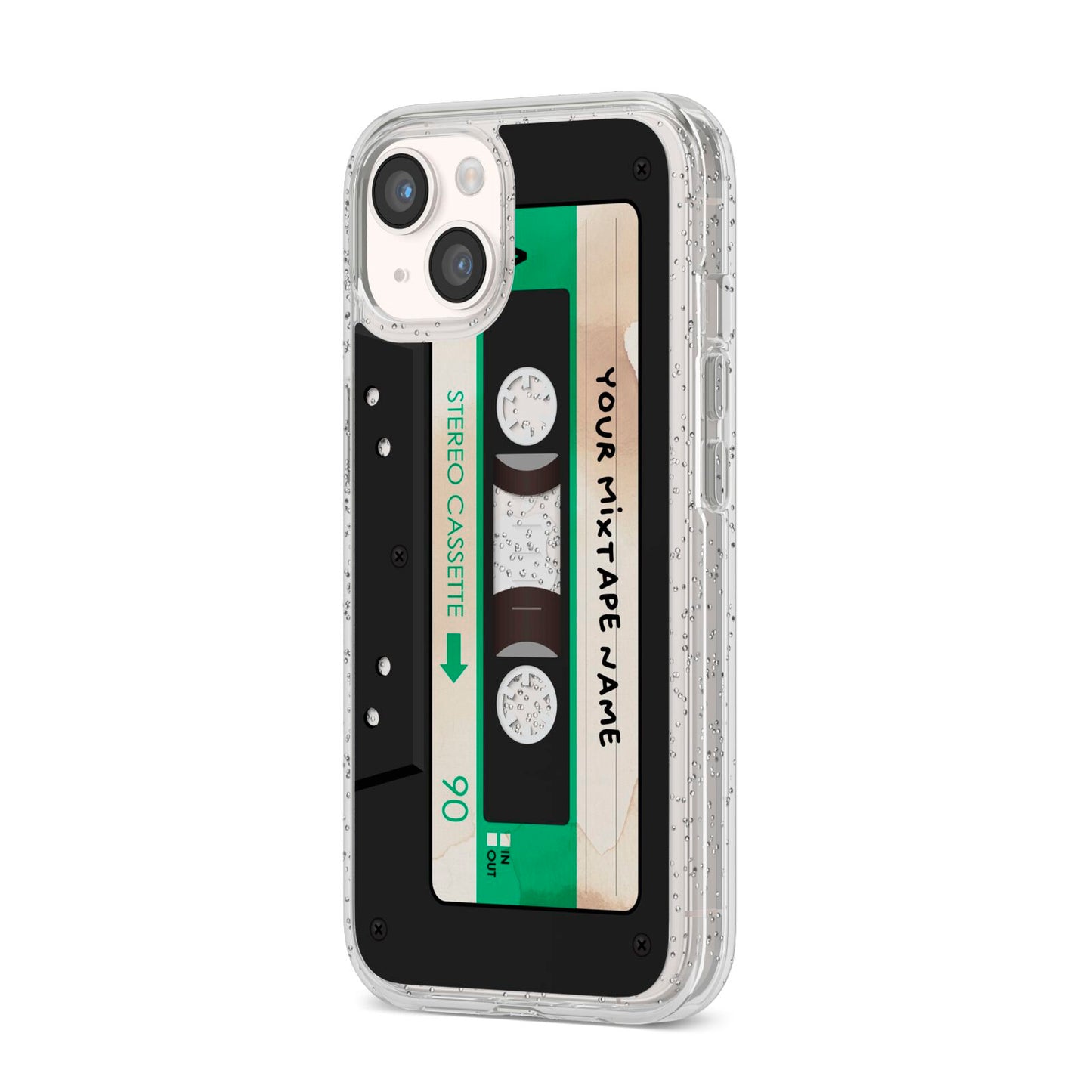 Personalised Black and Green Mixtape iPhone 14 Glitter Tough Case Starlight Angled Image