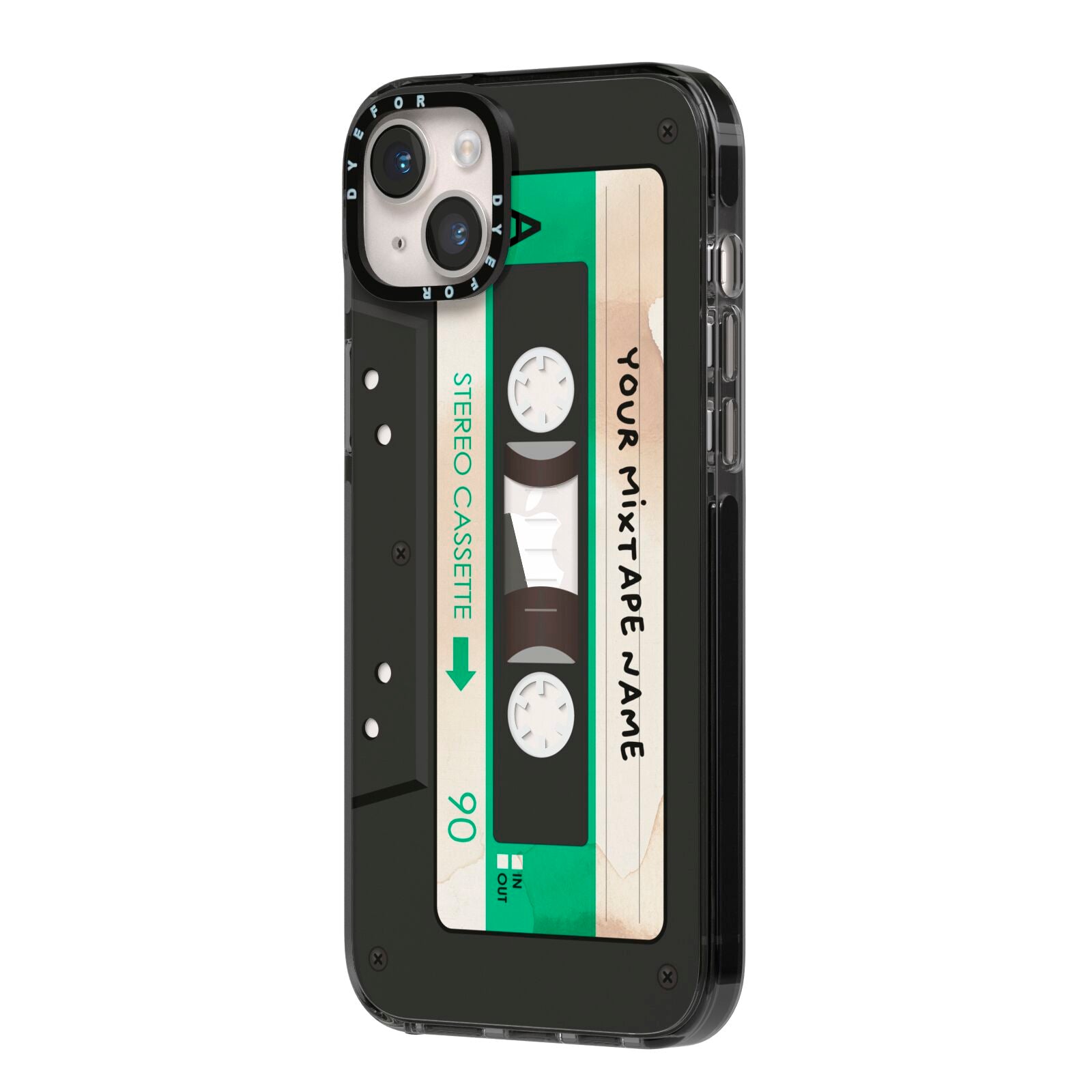 Personalised Black and Green Mixtape iPhone 14 Plus Black Impact Case Side Angle on Silver phone