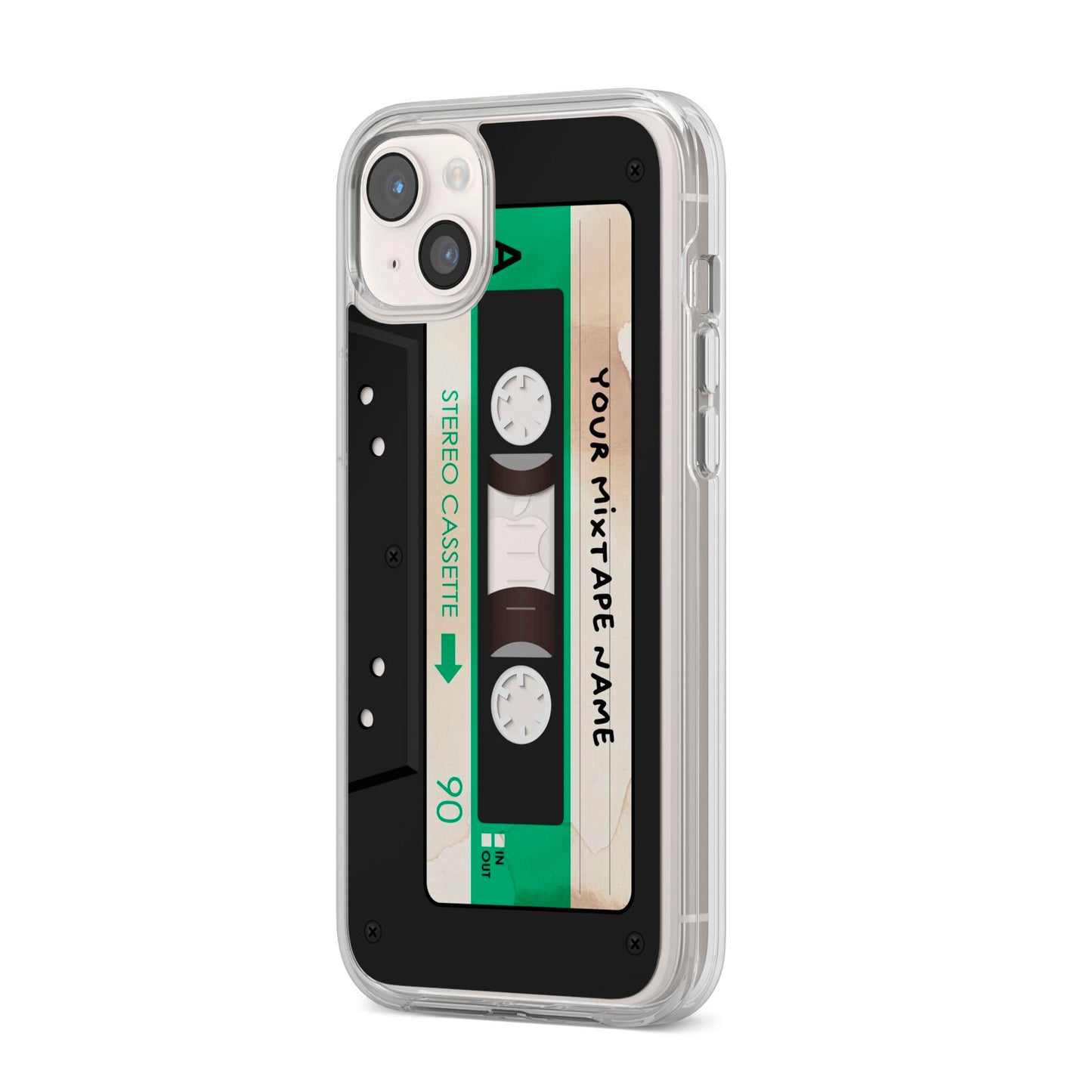 Personalised Black and Green Mixtape iPhone 14 Plus Clear Tough Case Starlight Angled Image