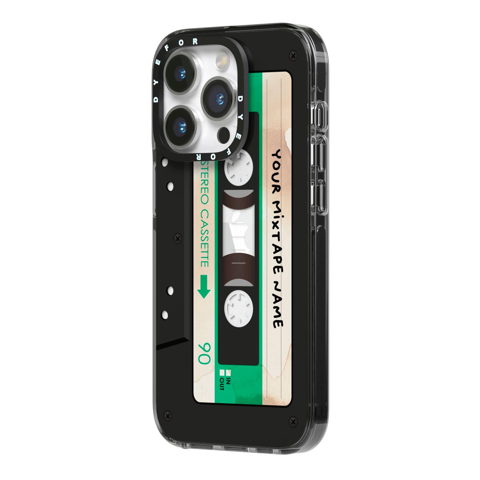 Personalised Black and Green Mixtape iPhone 14 Pro Black Impact Case Side Angle on Silver phone