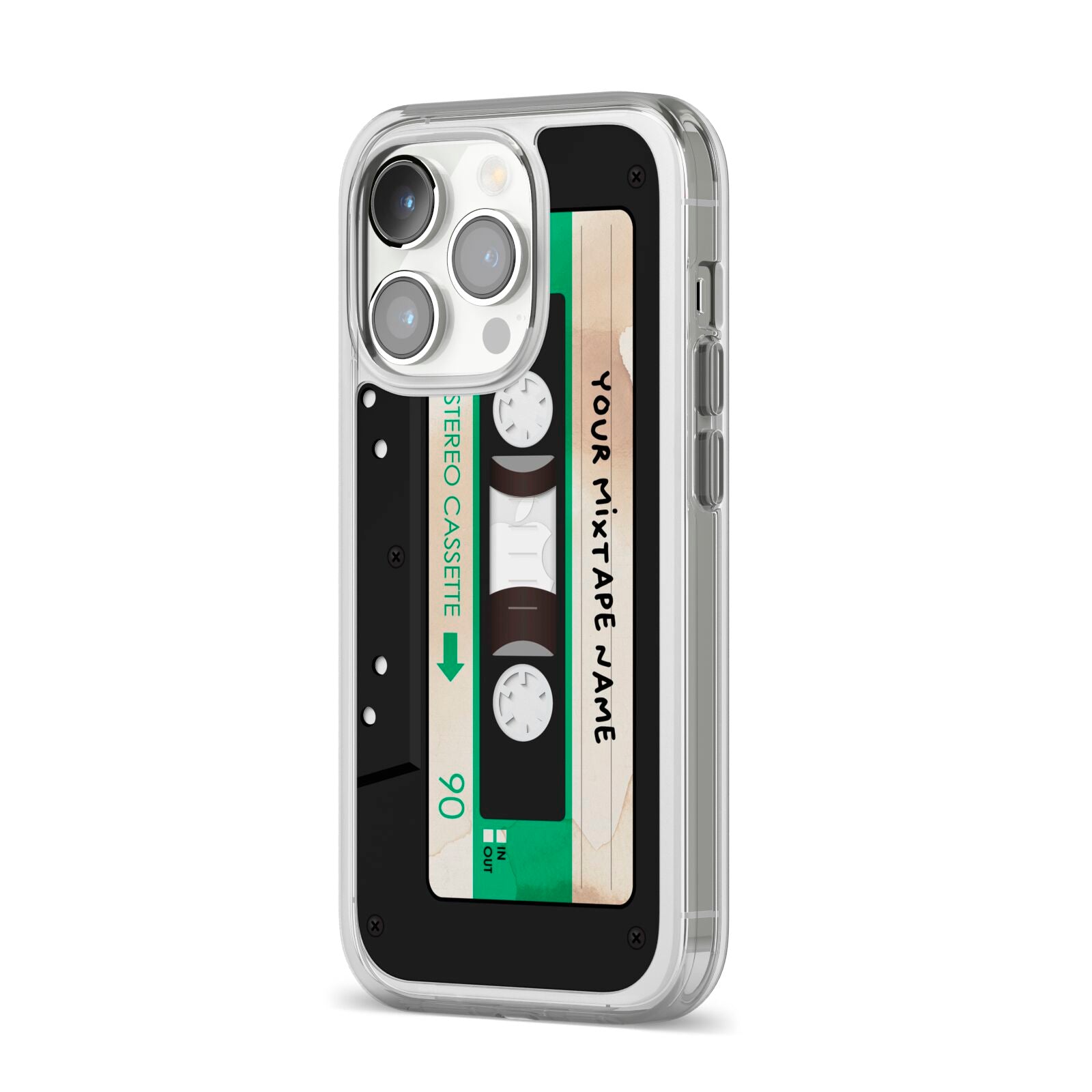 Personalised Black and Green Mixtape iPhone 14 Pro Clear Tough Case Silver Angled Image