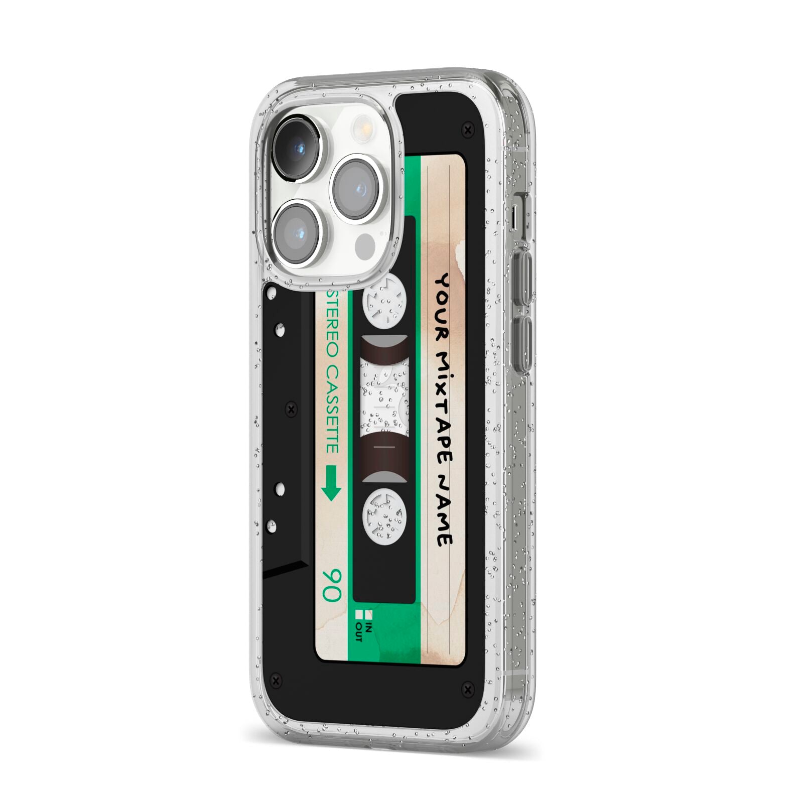 Personalised Black and Green Mixtape iPhone 14 Pro Glitter Tough Case Silver Angled Image