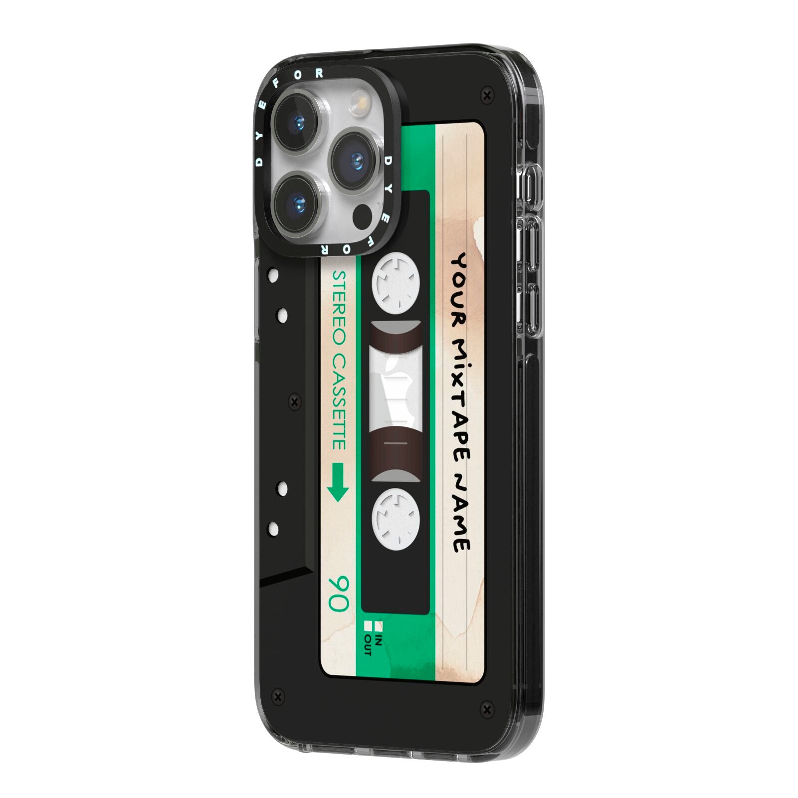 Personalised Black and Green Mixtape iPhone 14 Pro Max Black Impact Case Side Angle on Silver phone