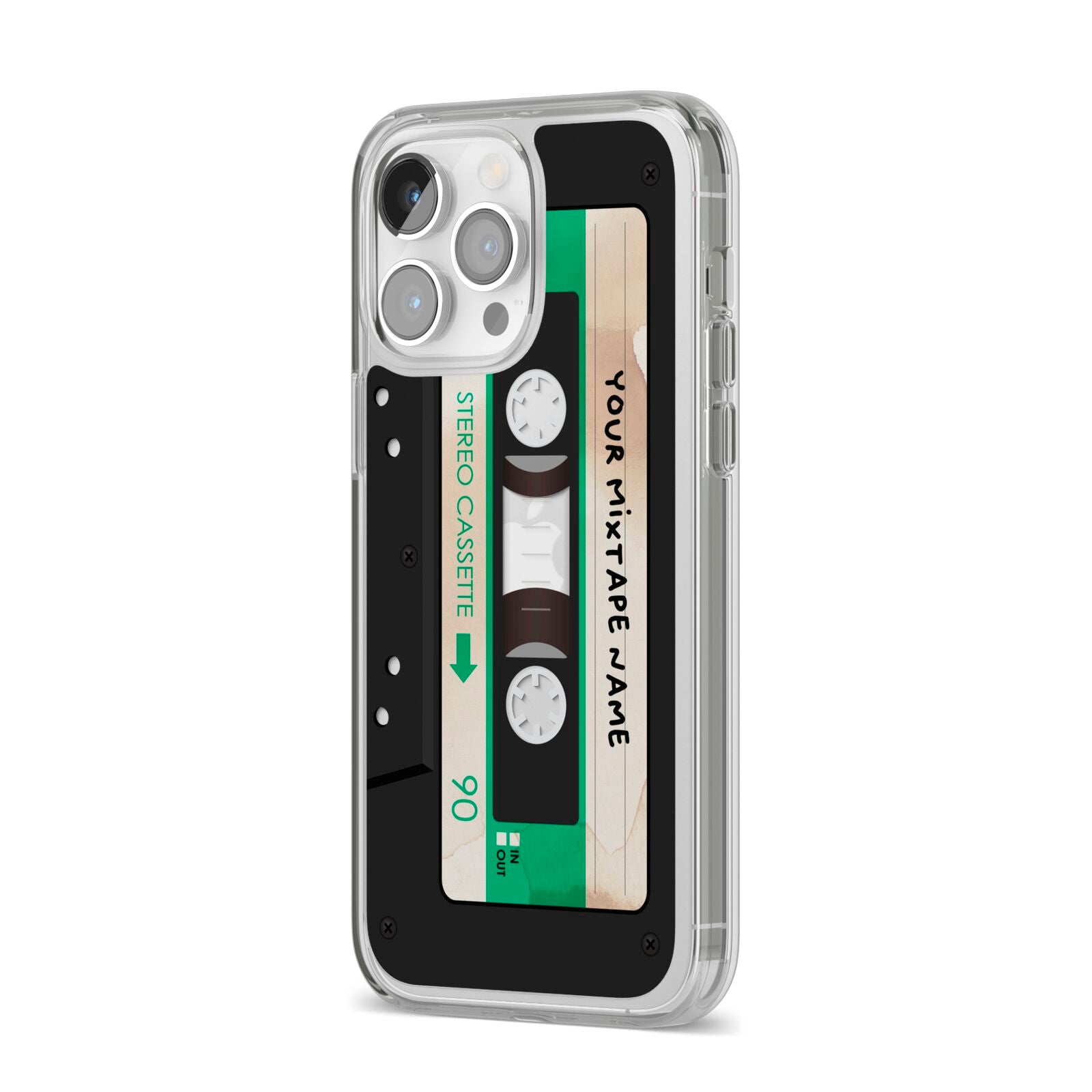 Personalised Black and Green Mixtape iPhone 14 Pro Max Clear Tough Case Silver Angled Image