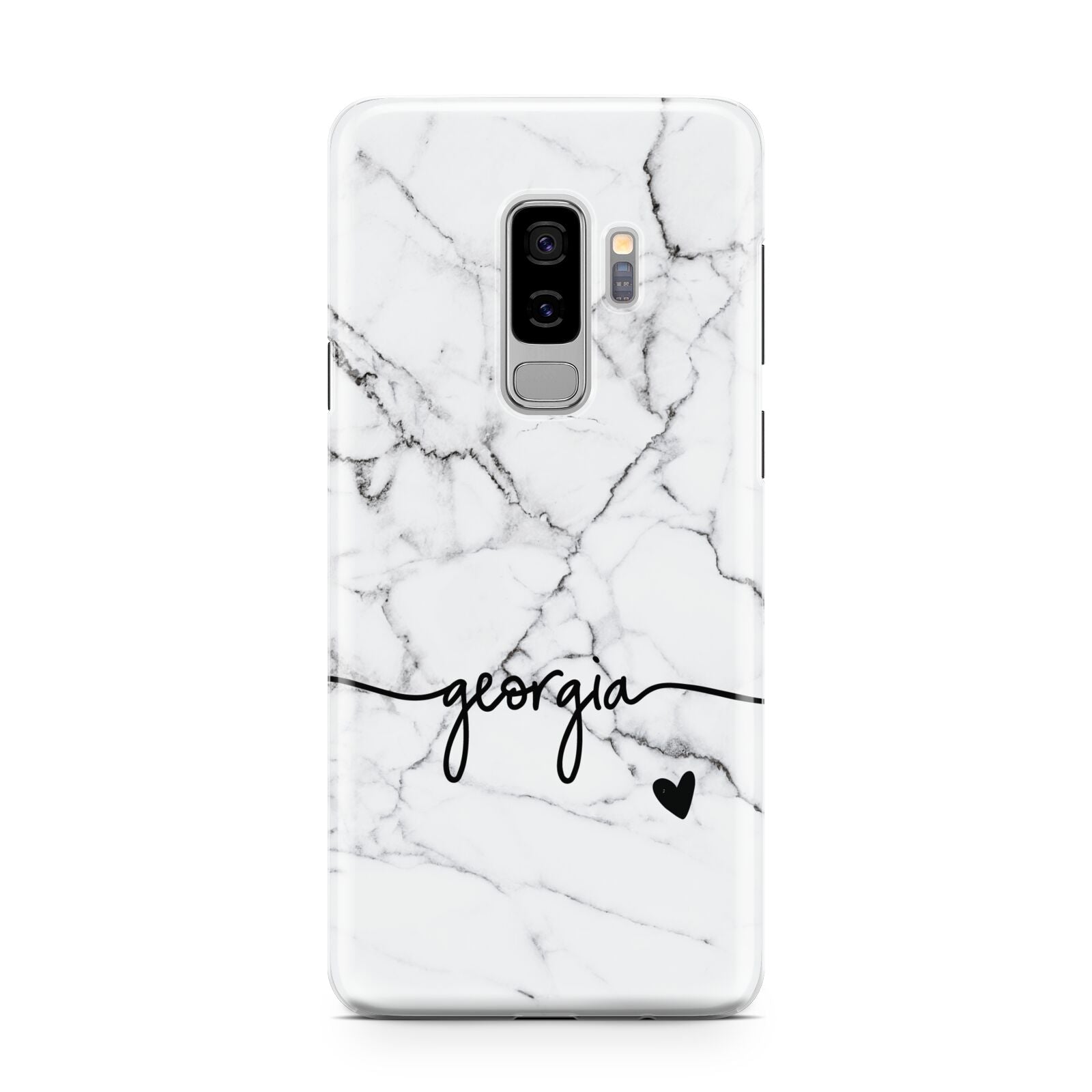 Personalised Black and White Marble with Handwriting Text Samsung Galaxy S9 Plus Case on Silver phone