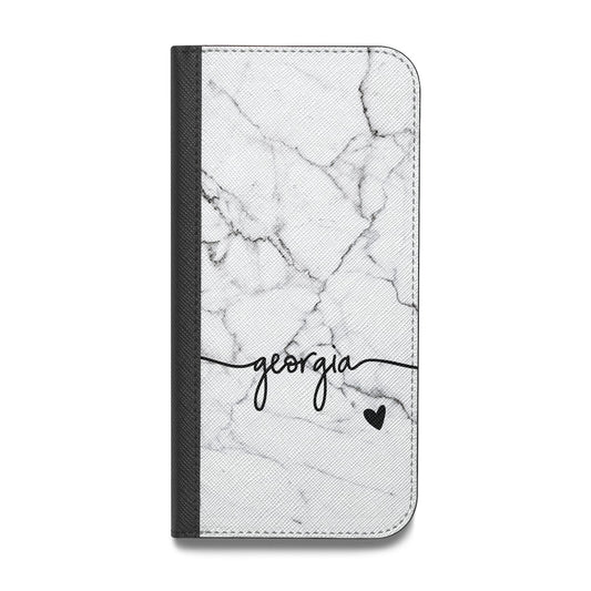 Personalised Black and White Marble with Handwriting Text Vegan Leather Flip iPhone Case