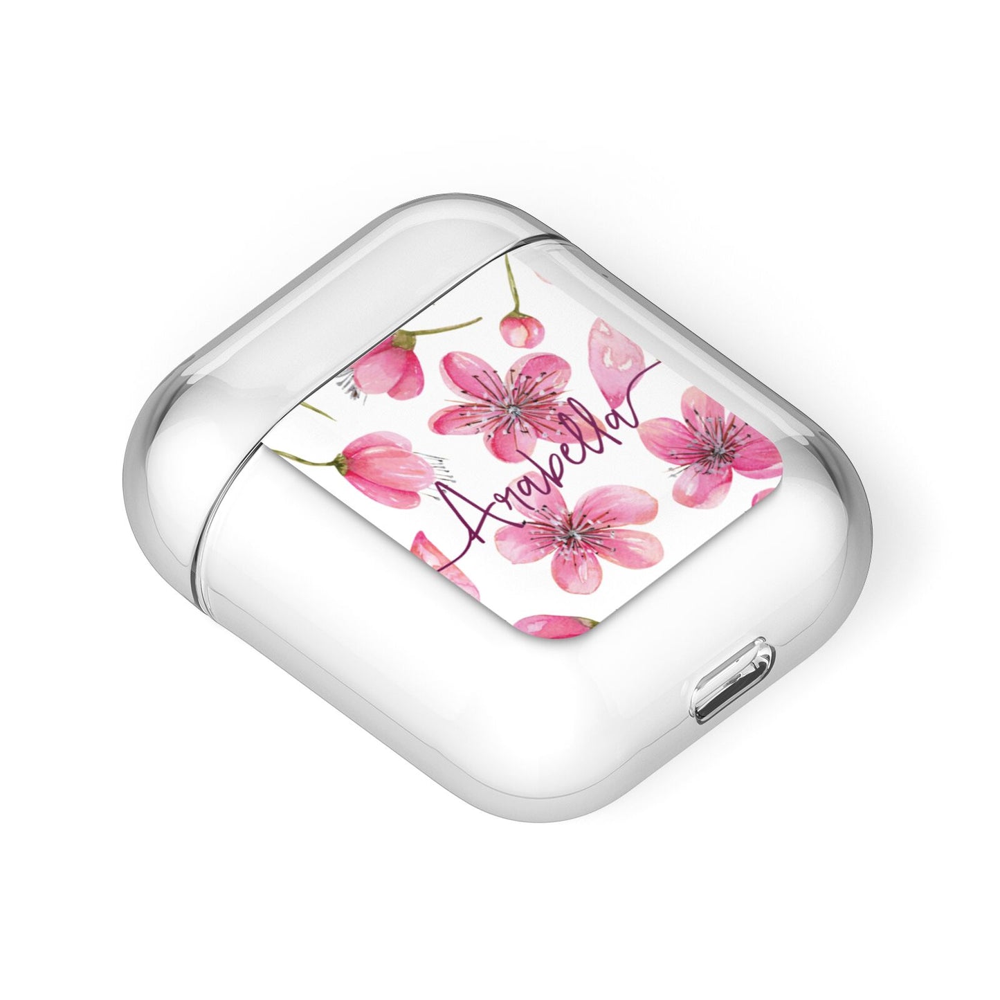 Personalised Blossom Pattern Pink AirPods Case Laid Flat