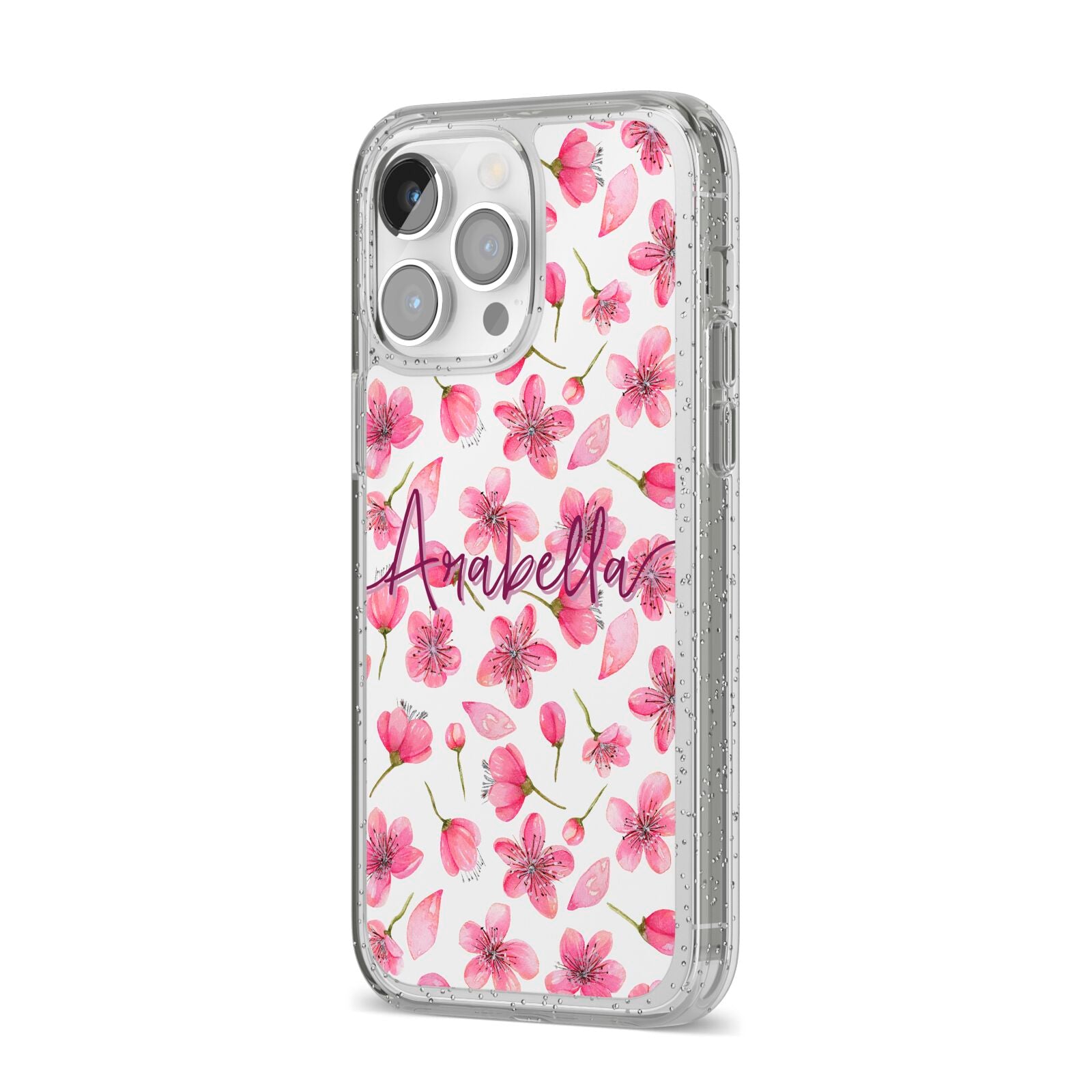 Personalised Blossom Pattern Pink iPhone 14 Pro Max Glitter Tough Case Silver Angled Image