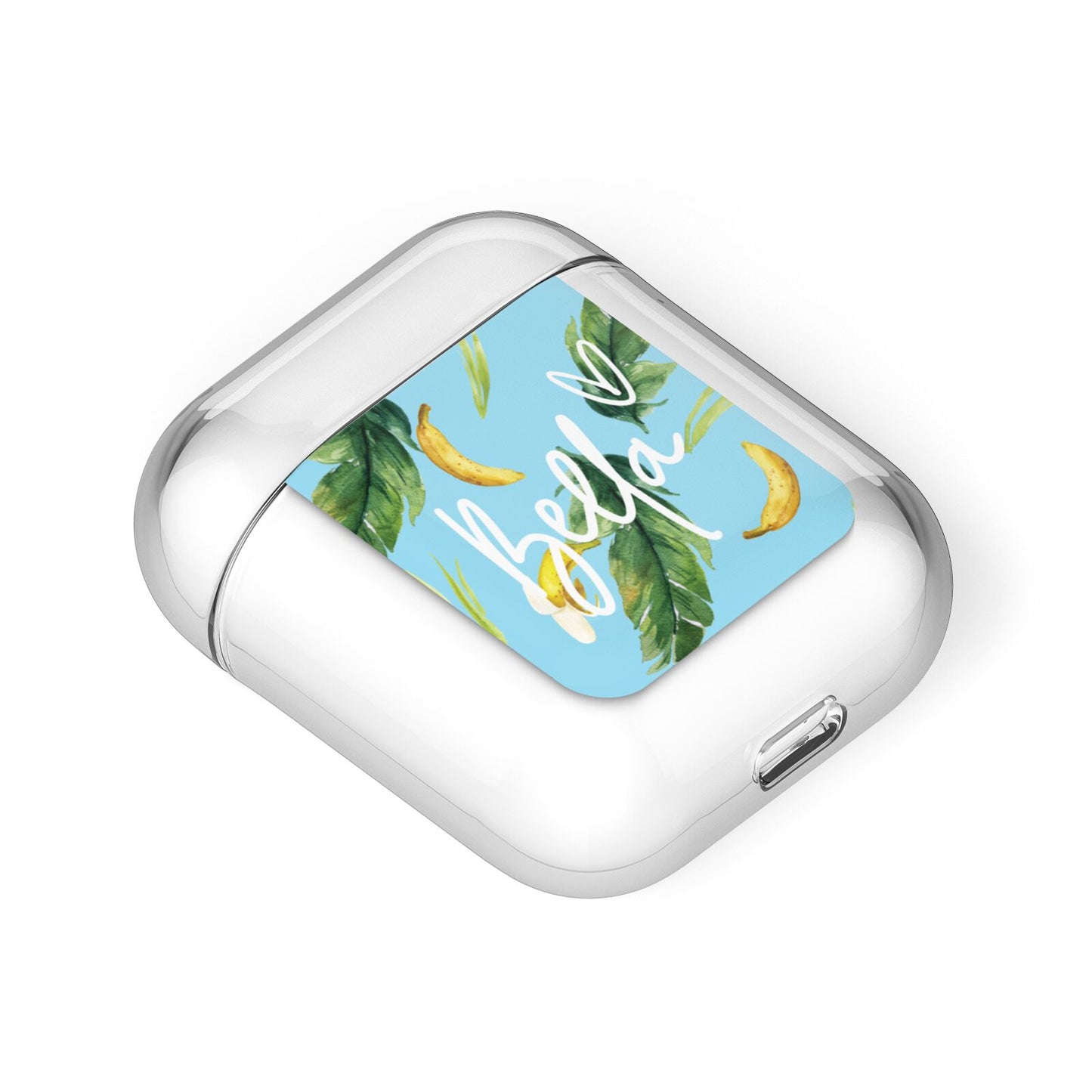 Personalised Blue Banana Tropical AirPods Case Laid Flat