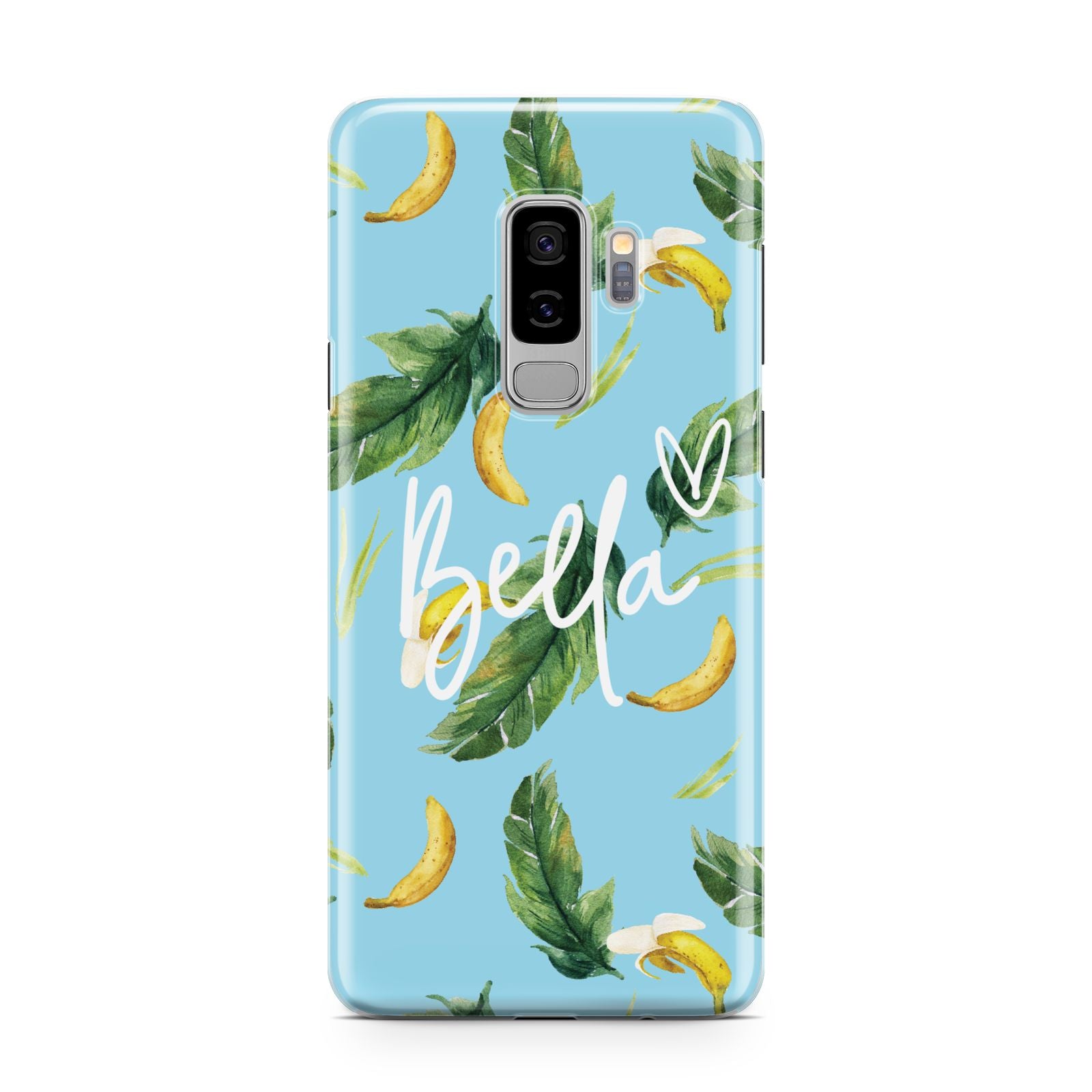 Personalised Blue Banana Tropical Samsung Galaxy S9 Plus Case on Silver phone