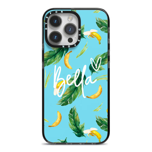 Personalised Blue Banana Tropical iPhone 14 Pro Max Black Impact Case on Silver phone