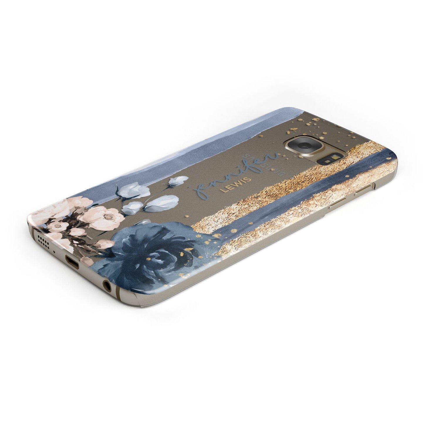 Personalised Blue Gold Name Protective Samsung Galaxy Case Angled Image