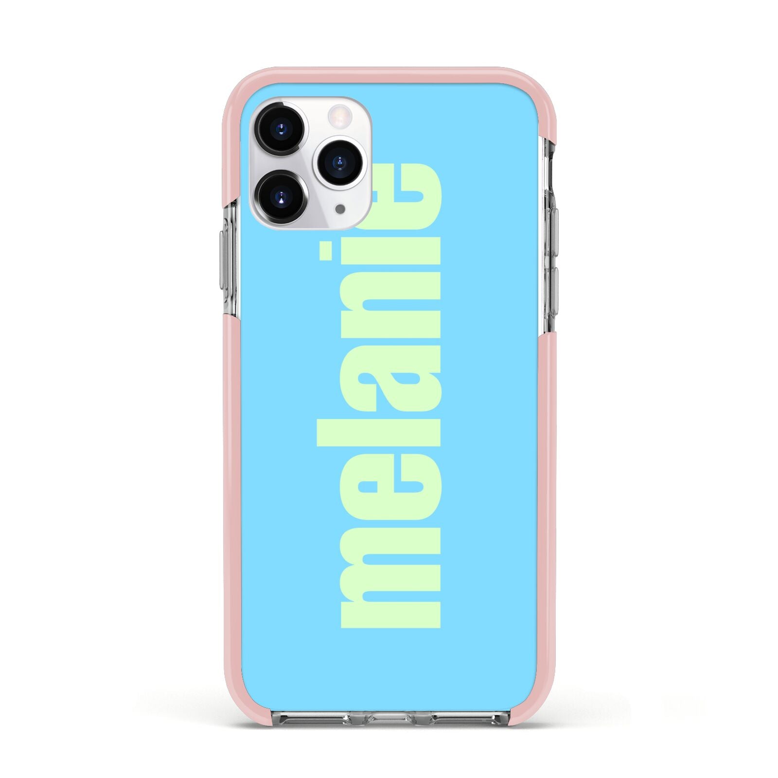 Personalised Blue Green Name Apple iPhone 11 Pro in Silver with Pink Impact Case