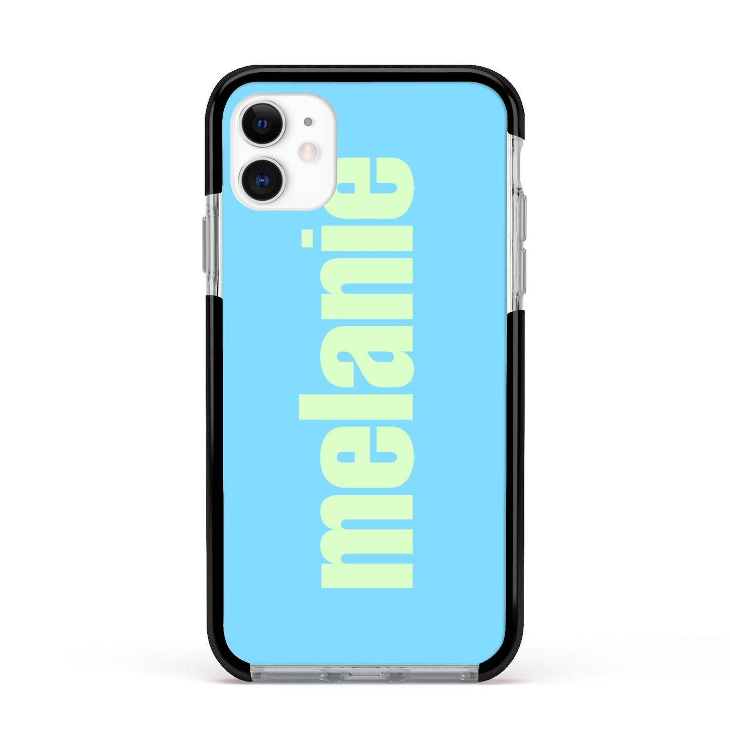 Personalised Blue Green Name Apple iPhone 11 in White with Black Impact Case