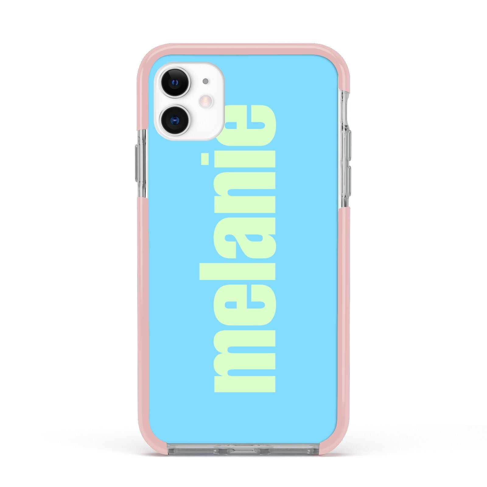 Personalised Blue Green Name Apple iPhone 11 in White with Pink Impact Case