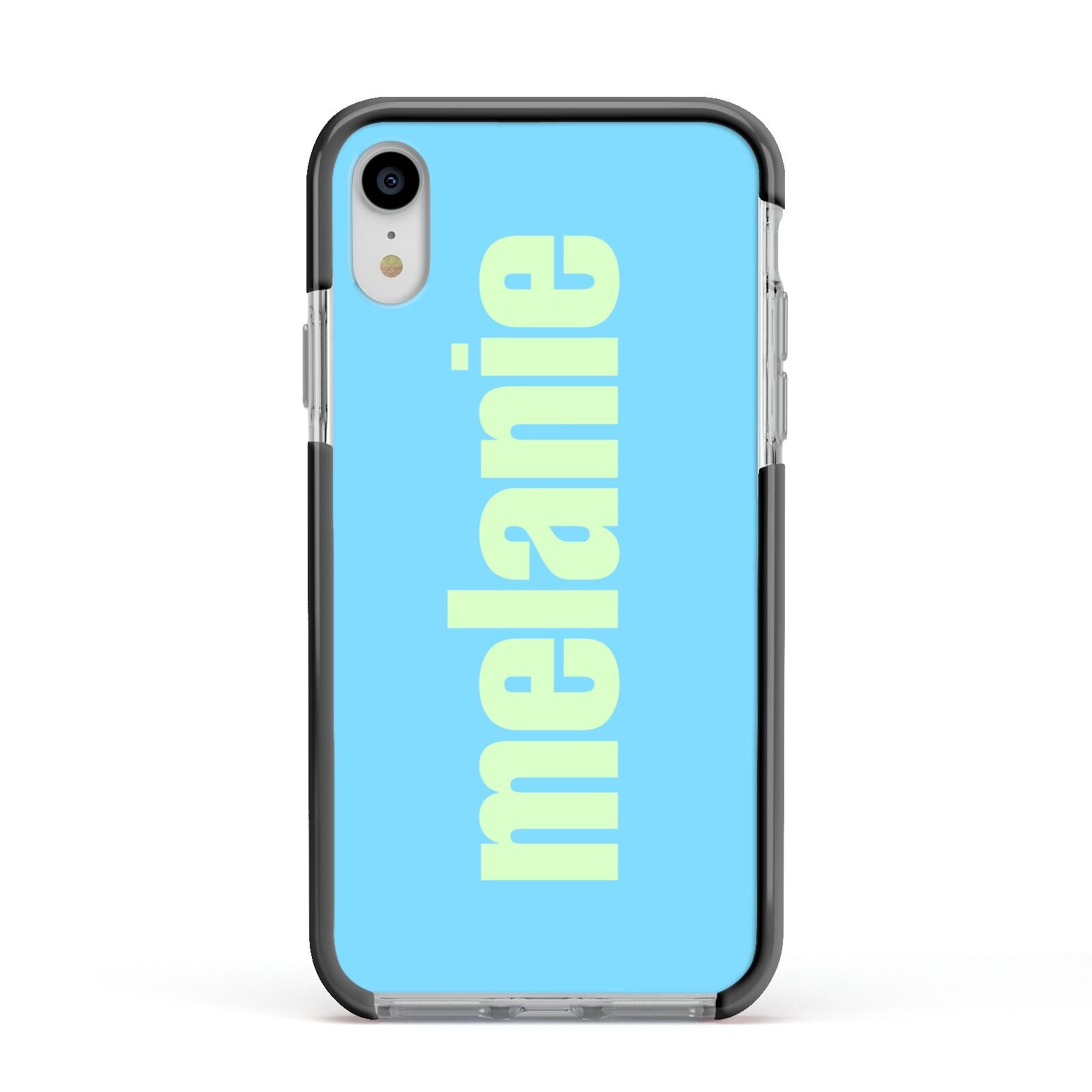 Personalised Blue Green Name Apple iPhone XR Impact Case Black Edge on Silver Phone