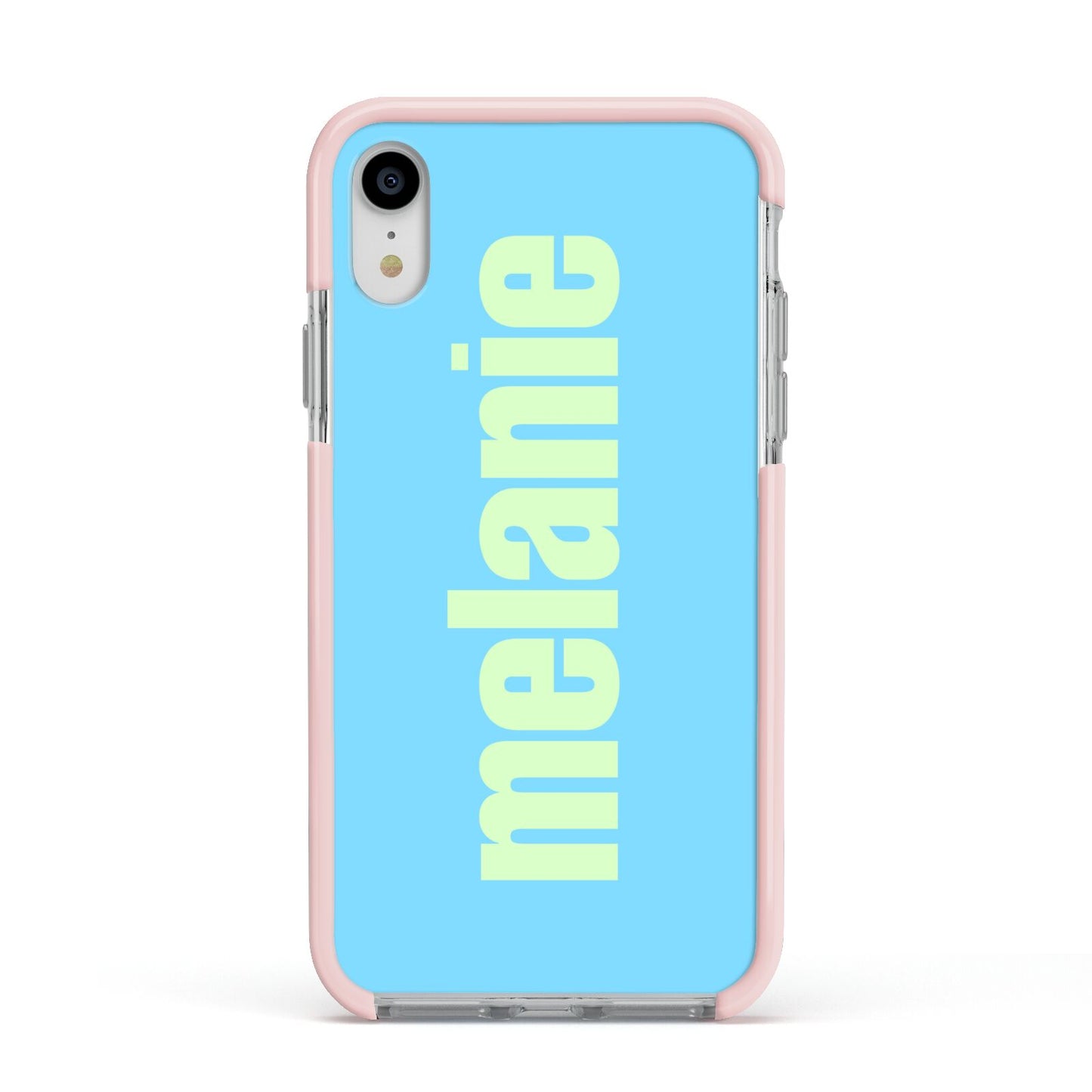 Personalised Blue Green Name Apple iPhone XR Impact Case Pink Edge on Silver Phone