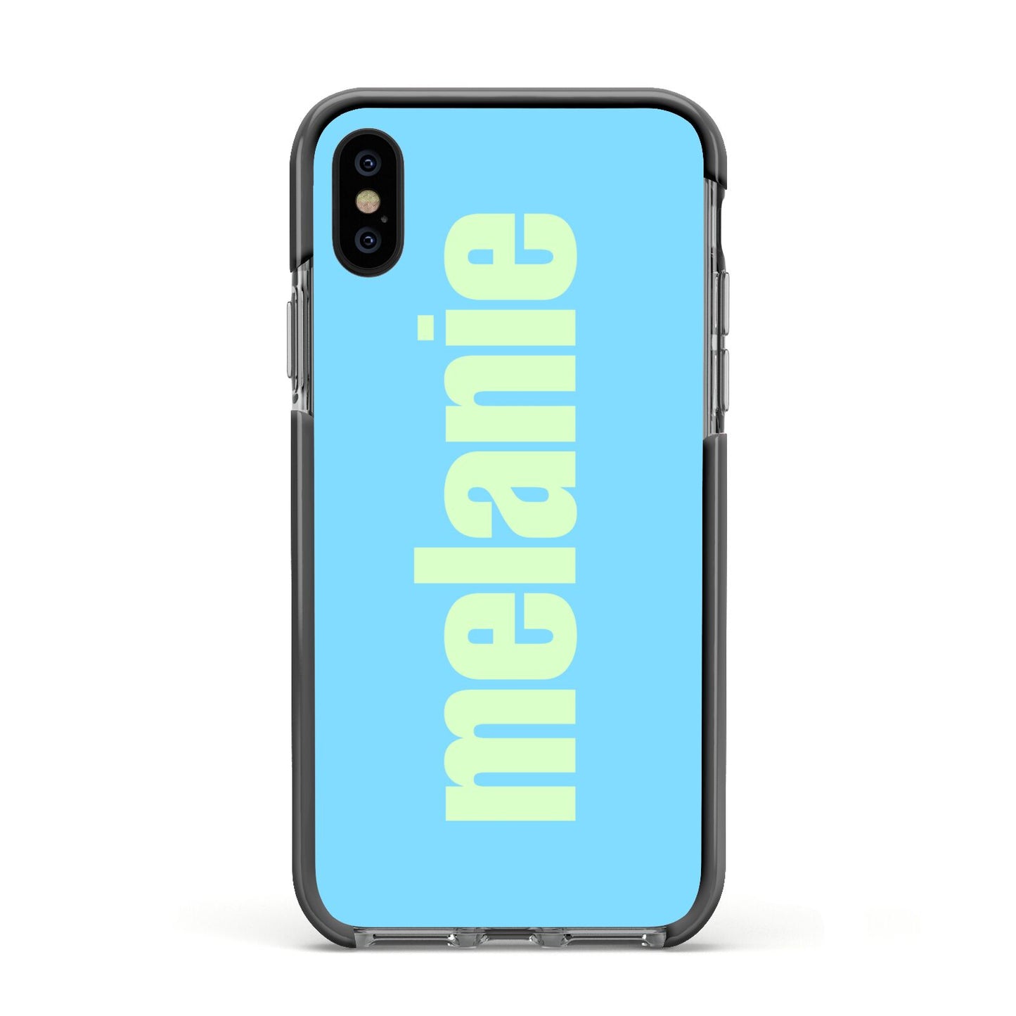 Personalised Blue Green Name Apple iPhone Xs Impact Case Black Edge on Black Phone