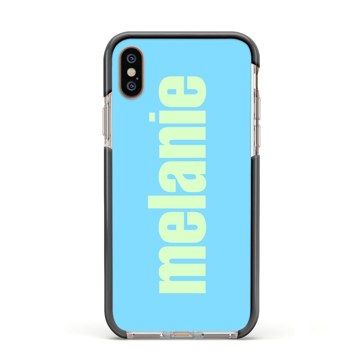 Personalised Blue Green Name Apple iPhone Xs Impact Case Black Edge on Gold Phone