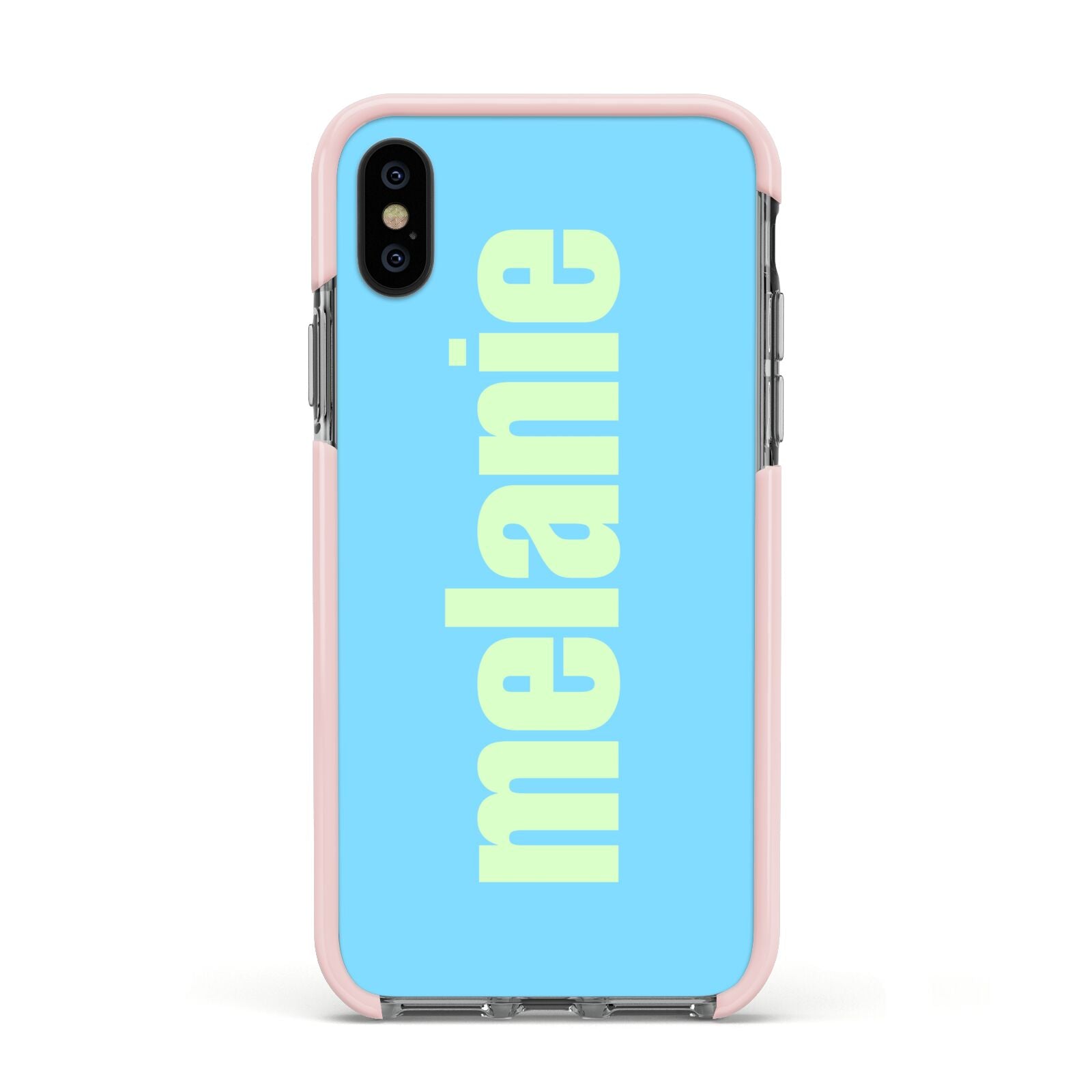 Personalised Blue Green Name Apple iPhone Xs Impact Case Pink Edge on Black Phone