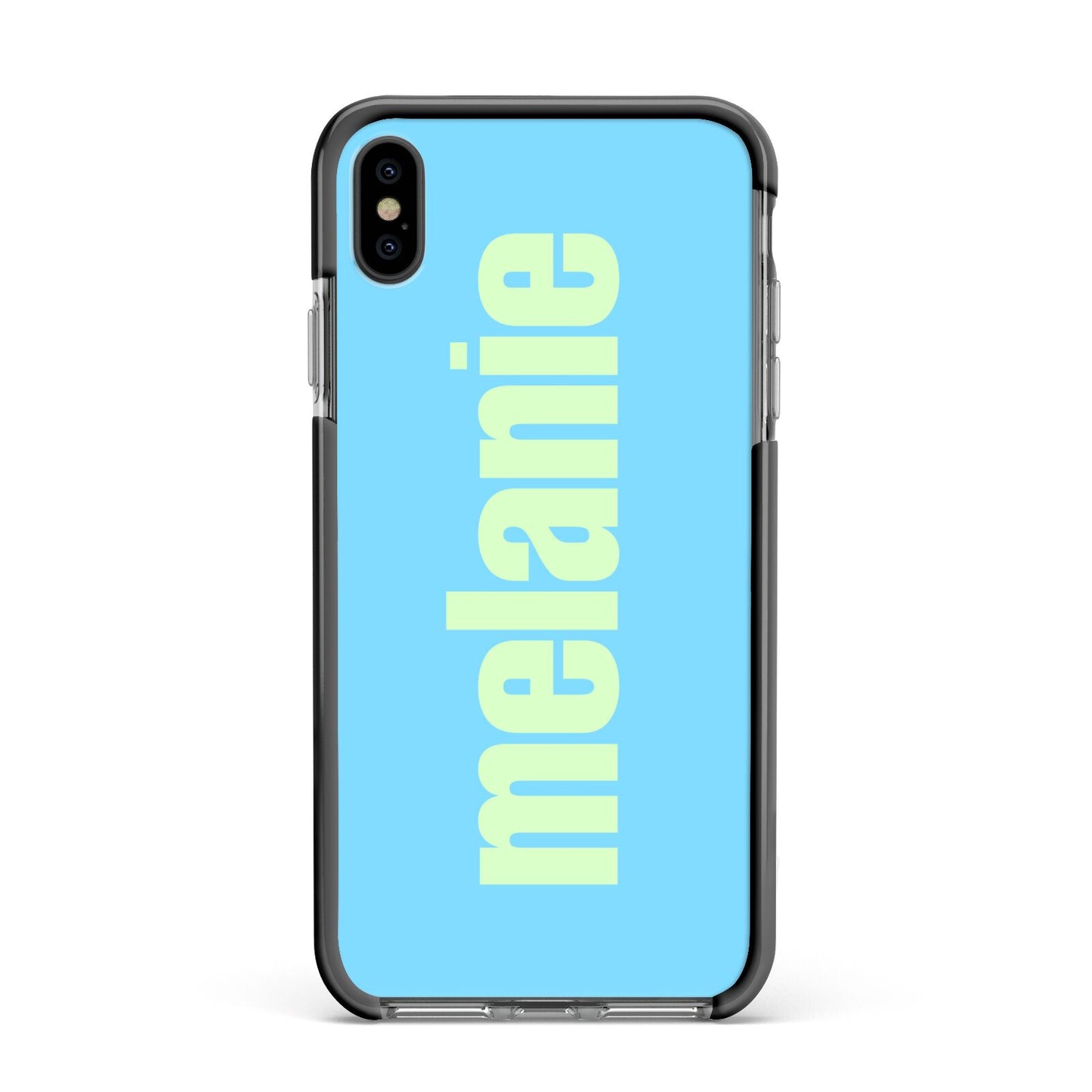 Personalised Blue Green Name Apple iPhone Xs Max Impact Case Black Edge on Black Phone