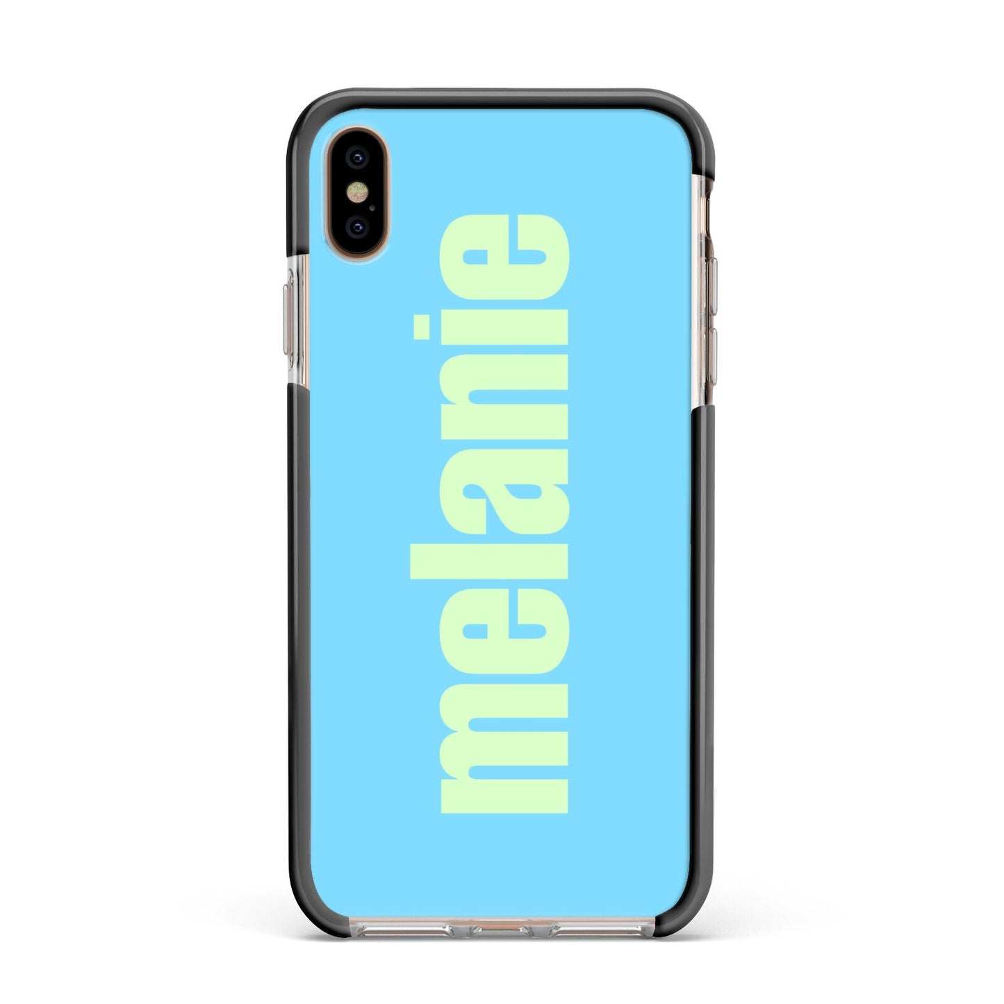 Personalised Blue Green Name Apple iPhone Xs Max Impact Case Black Edge on Gold Phone