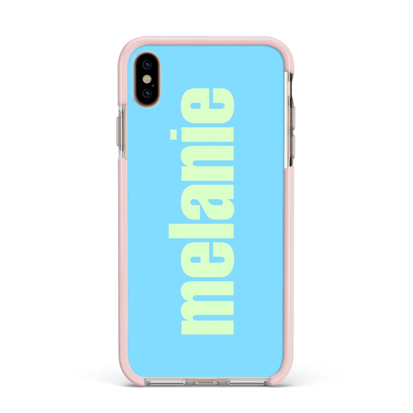 Personalised Blue Green Name Apple iPhone Xs Max Impact Case Pink Edge on Gold Phone