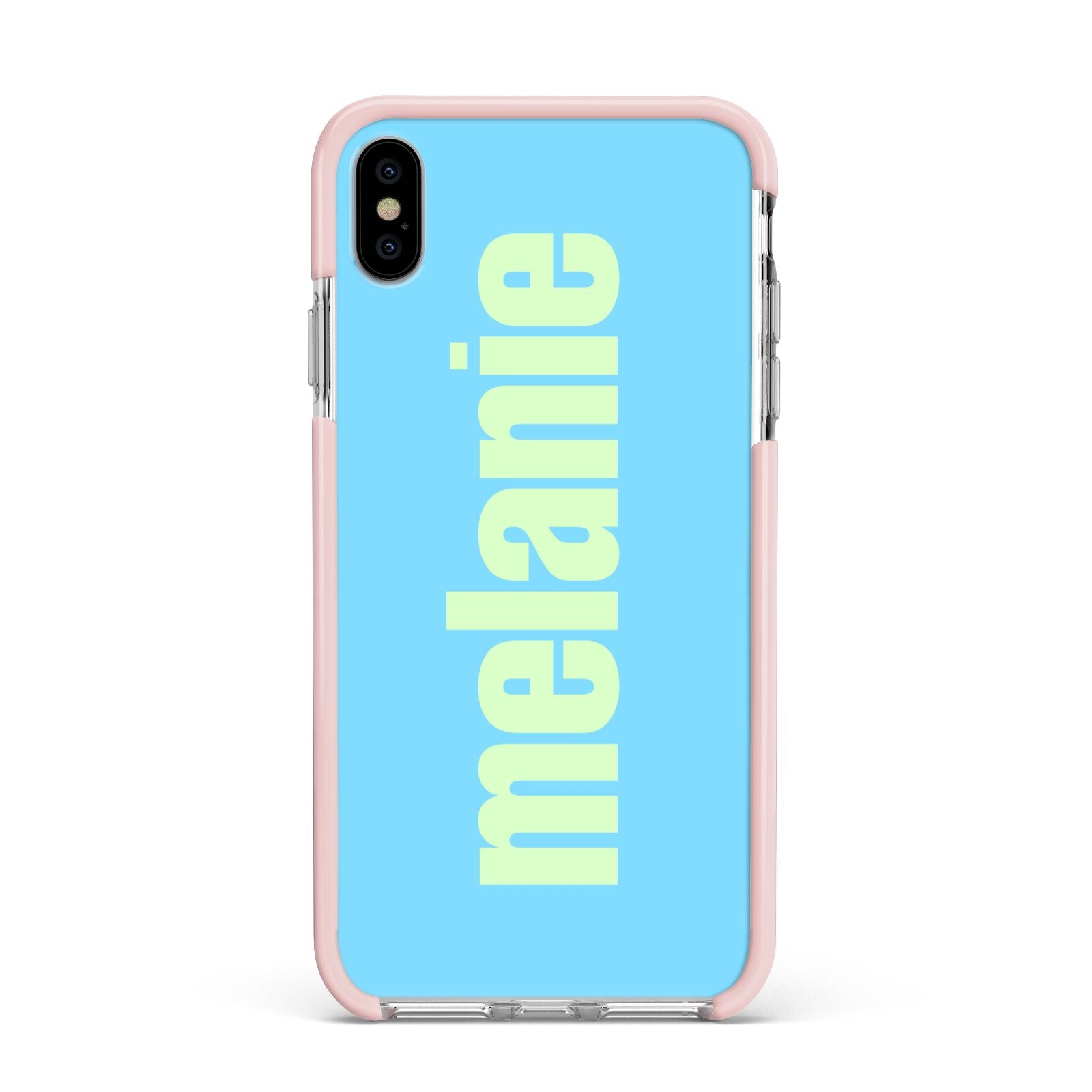 Personalised Blue Green Name Apple iPhone Xs Max Impact Case Pink Edge on Silver Phone