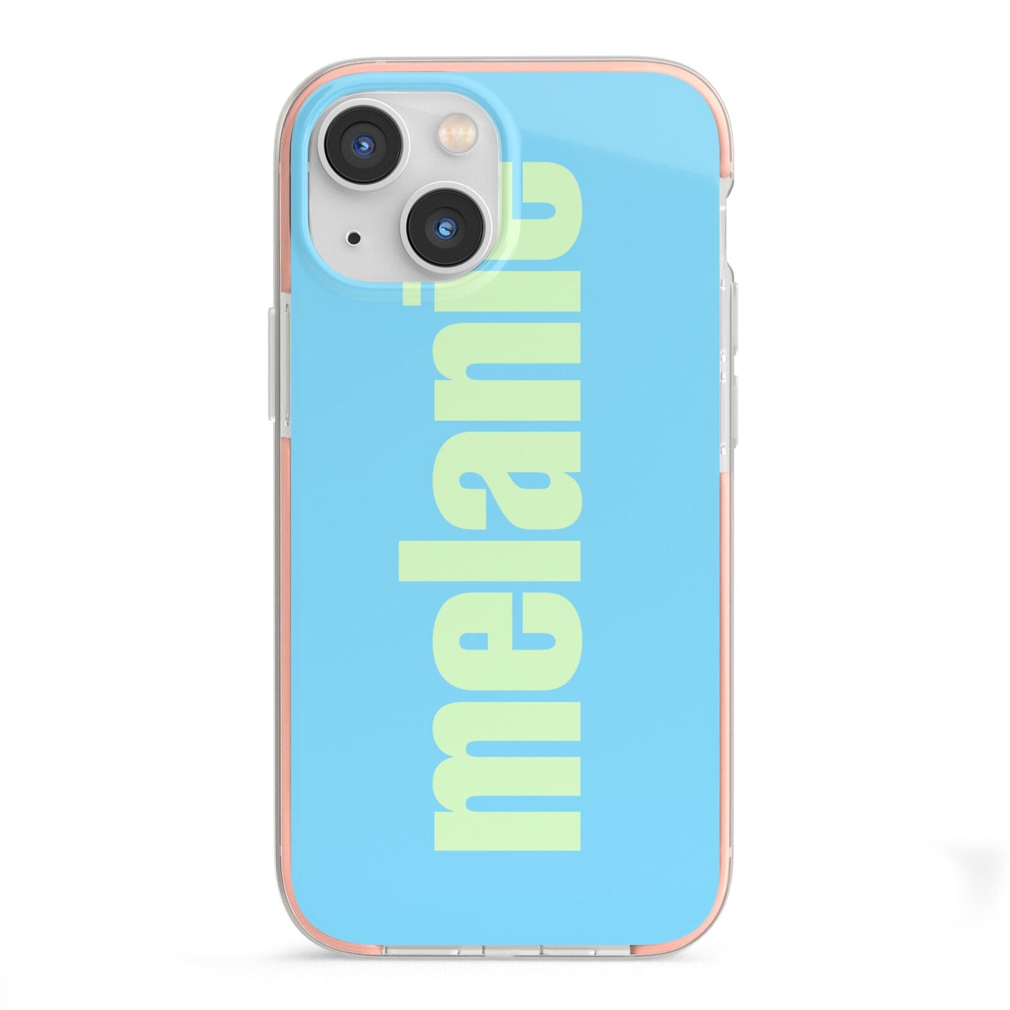 Personalised Blue Green Name iPhone 13 Mini TPU Impact Case with Pink Edges