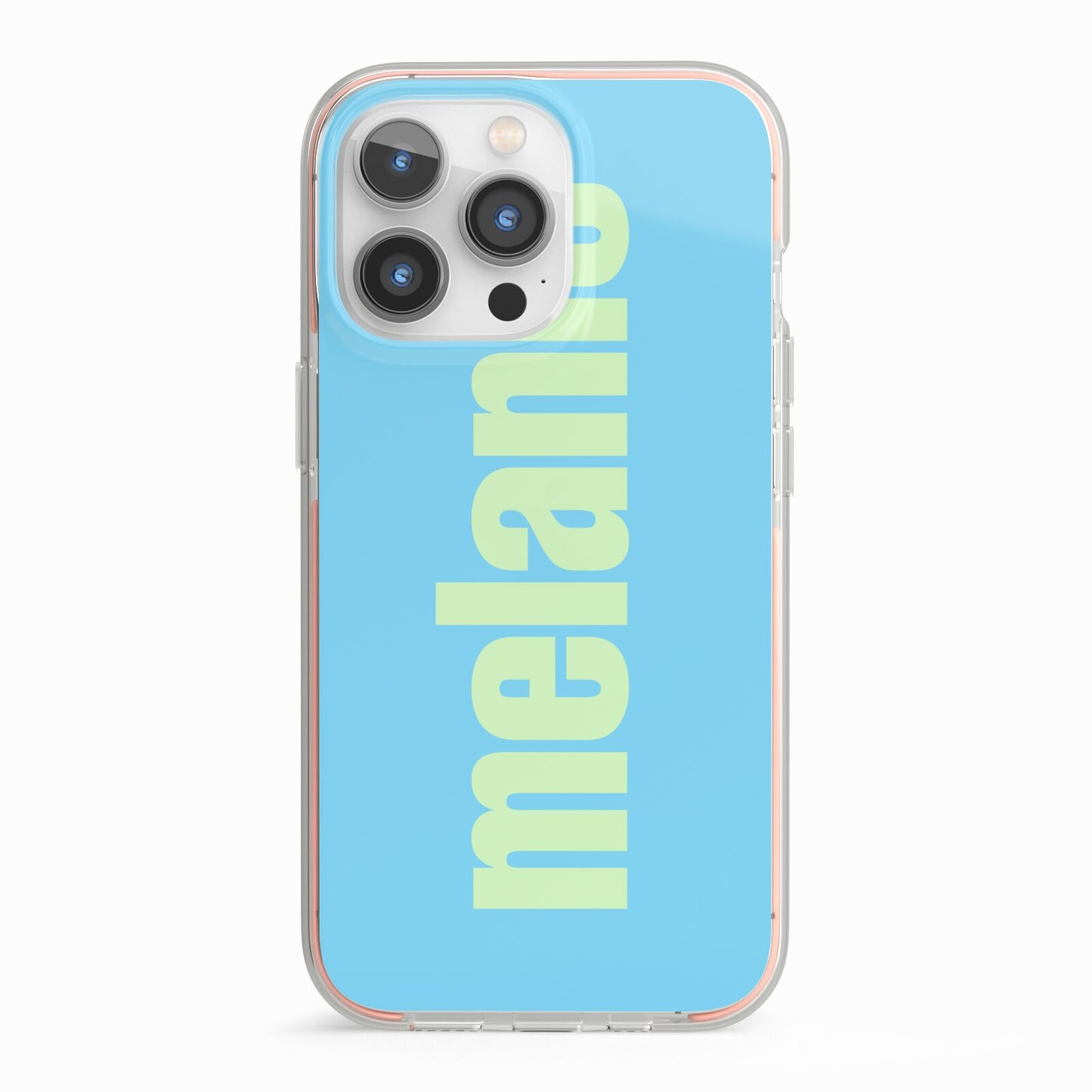 Personalised Blue Green Name iPhone 13 Pro TPU Impact Case with Pink Edges