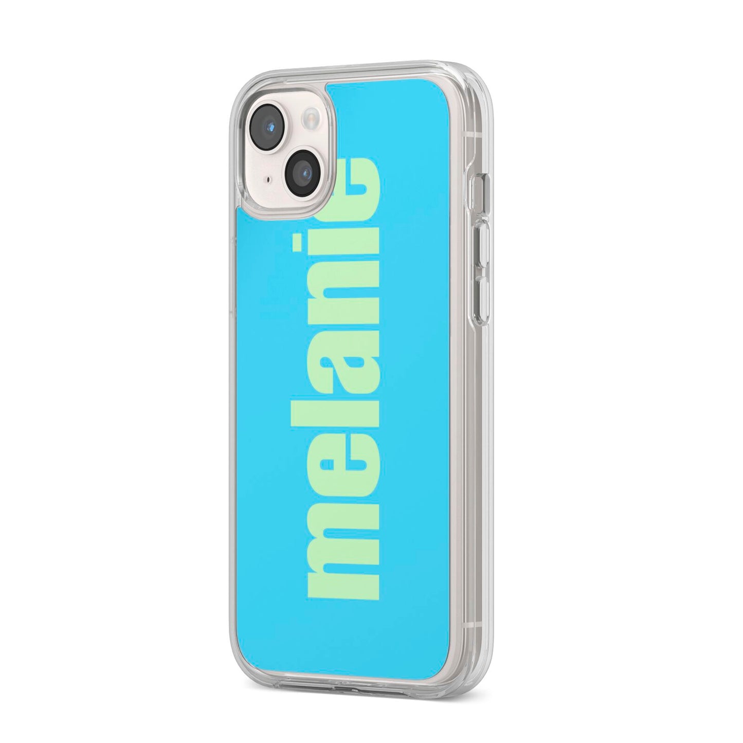 Personalised Blue Green Name iPhone 14 Plus Clear Tough Case Starlight Angled Image