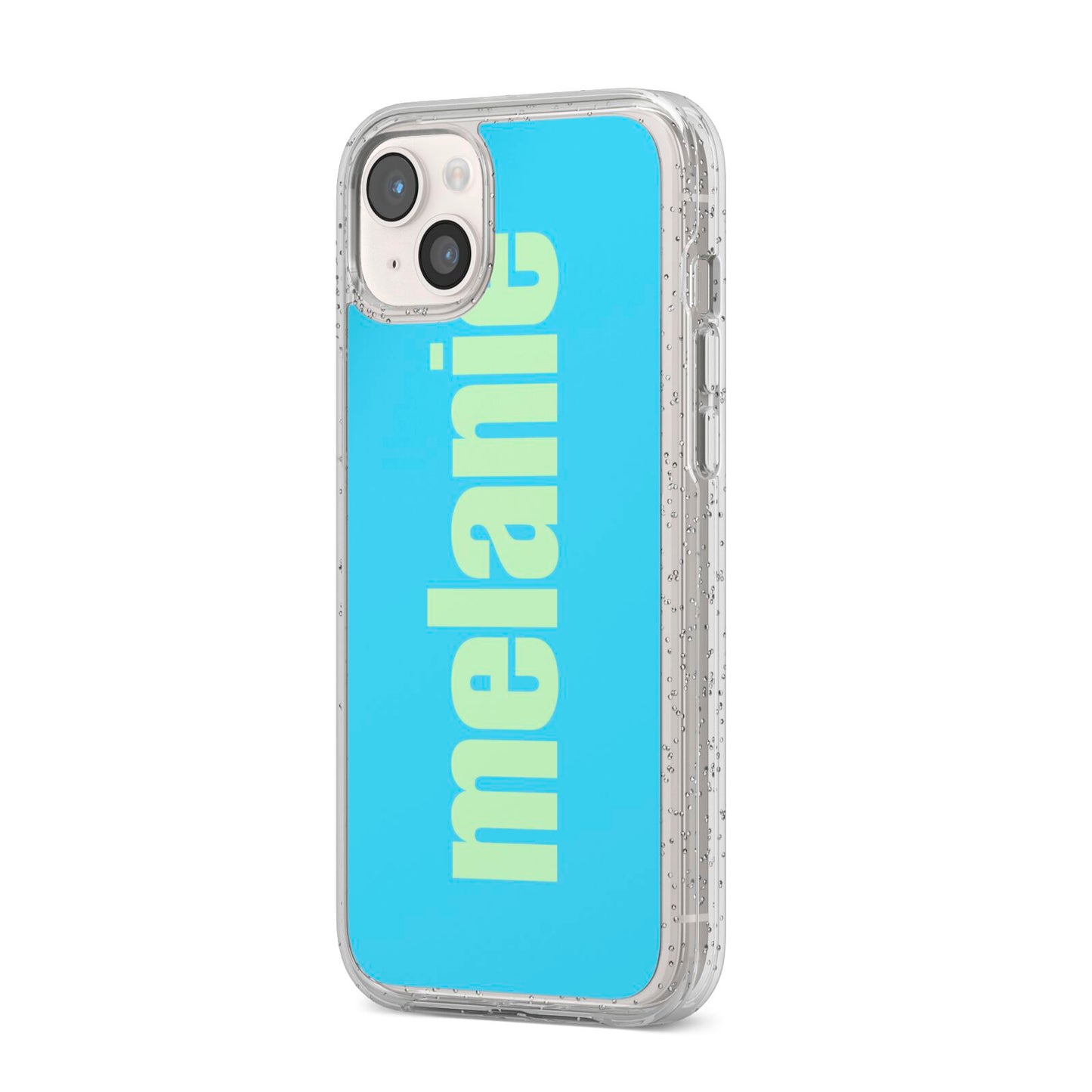 Personalised Blue Green Name iPhone 14 Plus Glitter Tough Case Starlight Angled Image