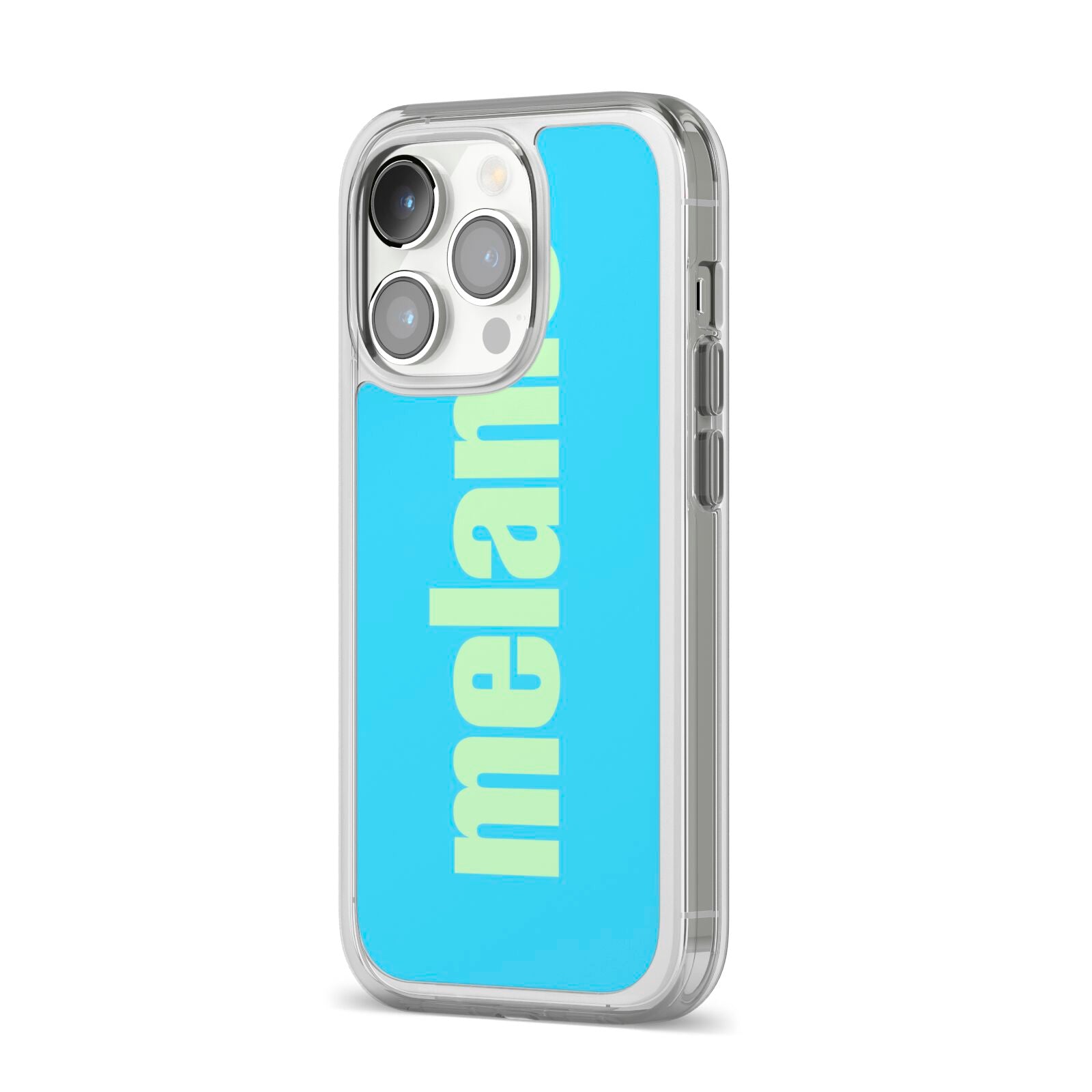 Personalised Blue Green Name iPhone 14 Pro Clear Tough Case Silver Angled Image