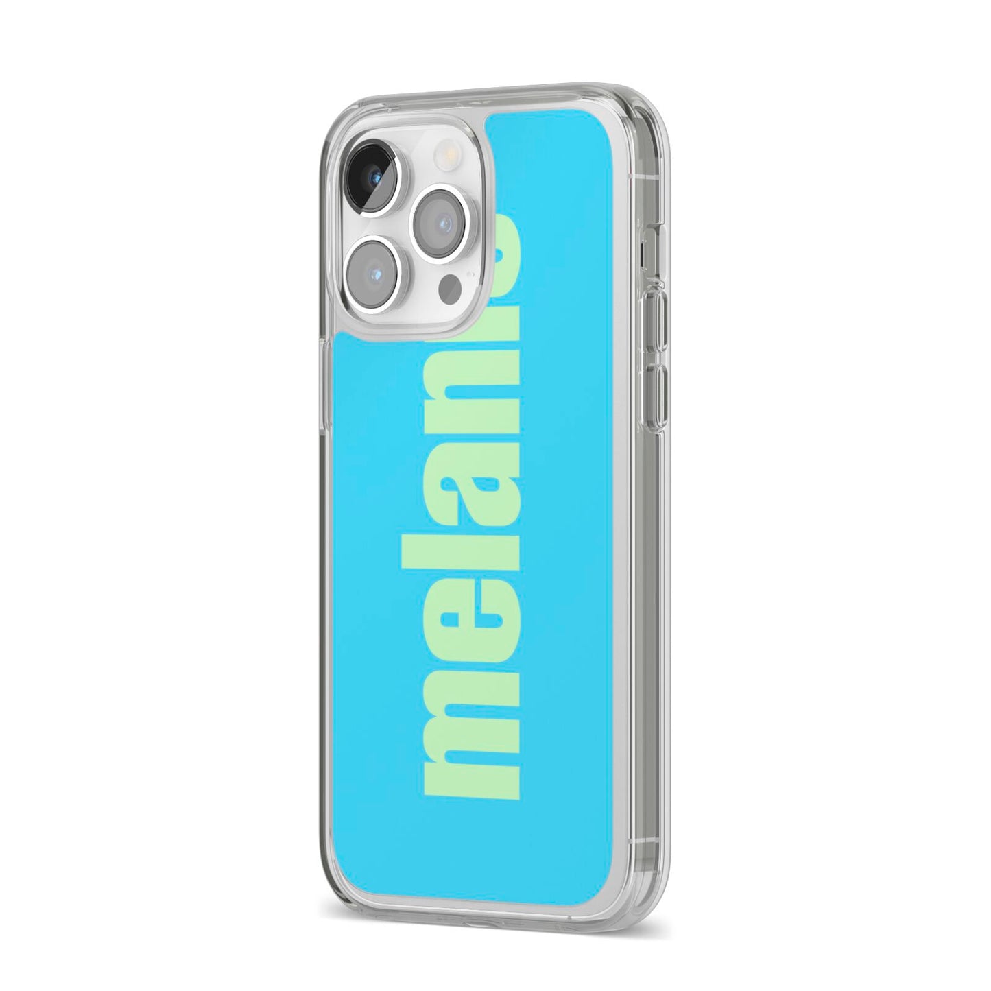 Personalised Blue Green Name iPhone 14 Pro Max Clear Tough Case Silver Angled Image