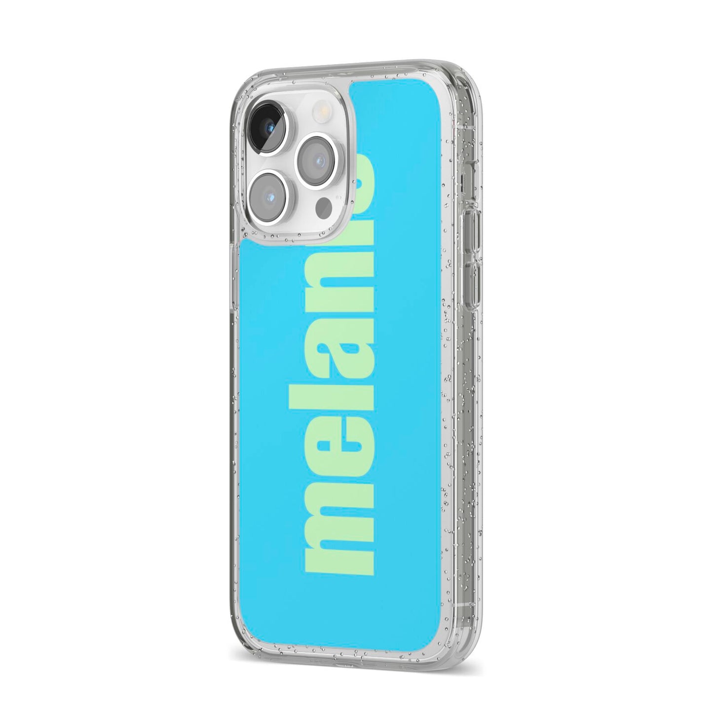 Personalised Blue Green Name iPhone 14 Pro Max Glitter Tough Case Silver Angled Image