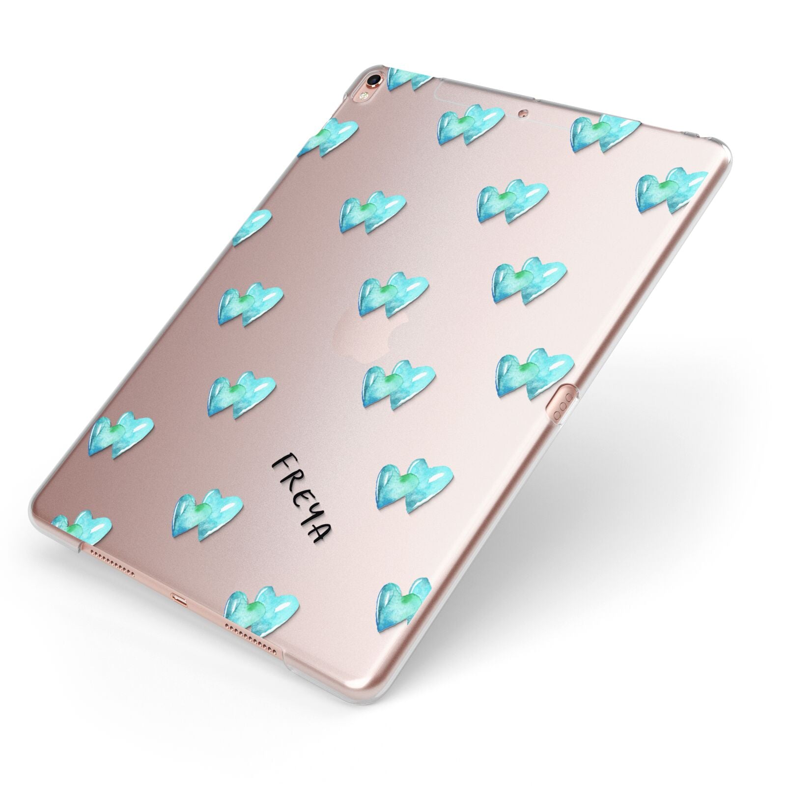 Personalised Blue Hearts Apple iPad Case on Rose Gold iPad Side View