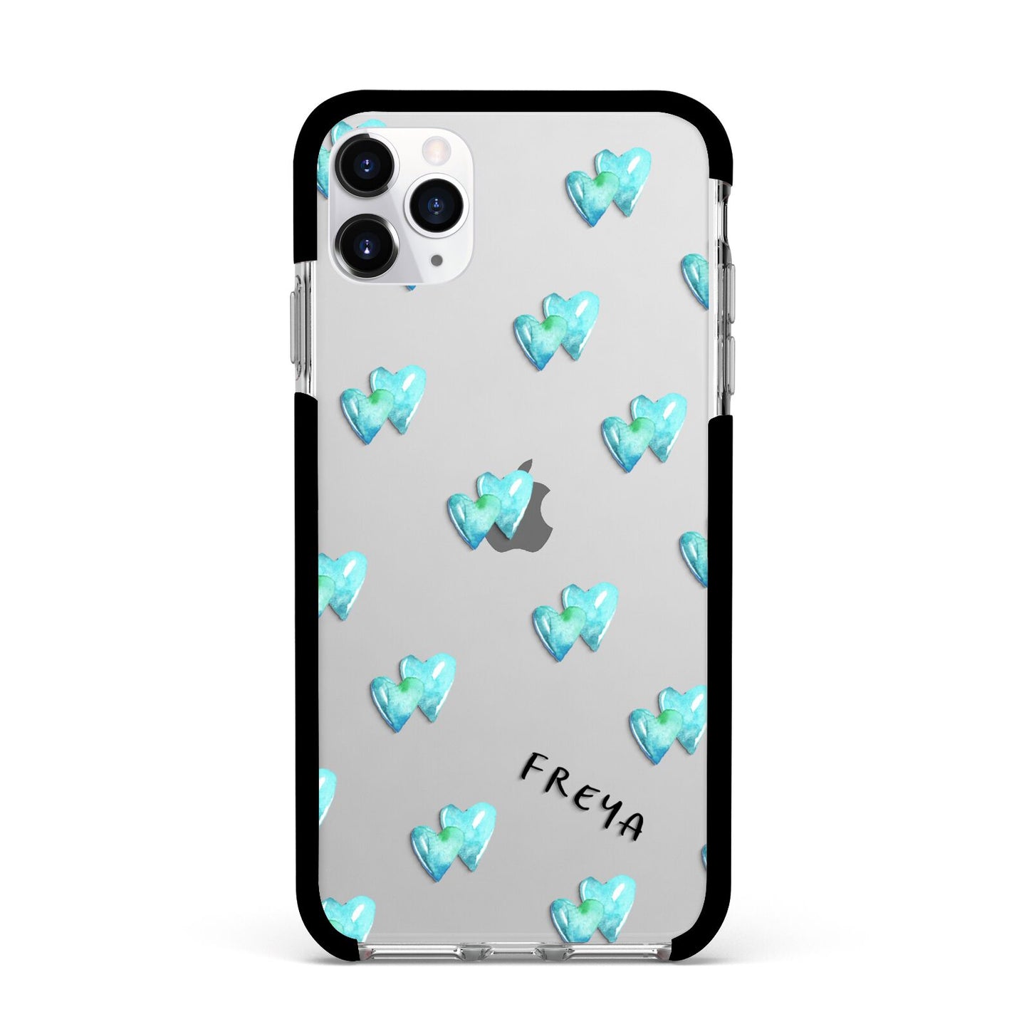 Personalised Blue Hearts Apple iPhone 11 Pro Max in Silver with Black Impact Case