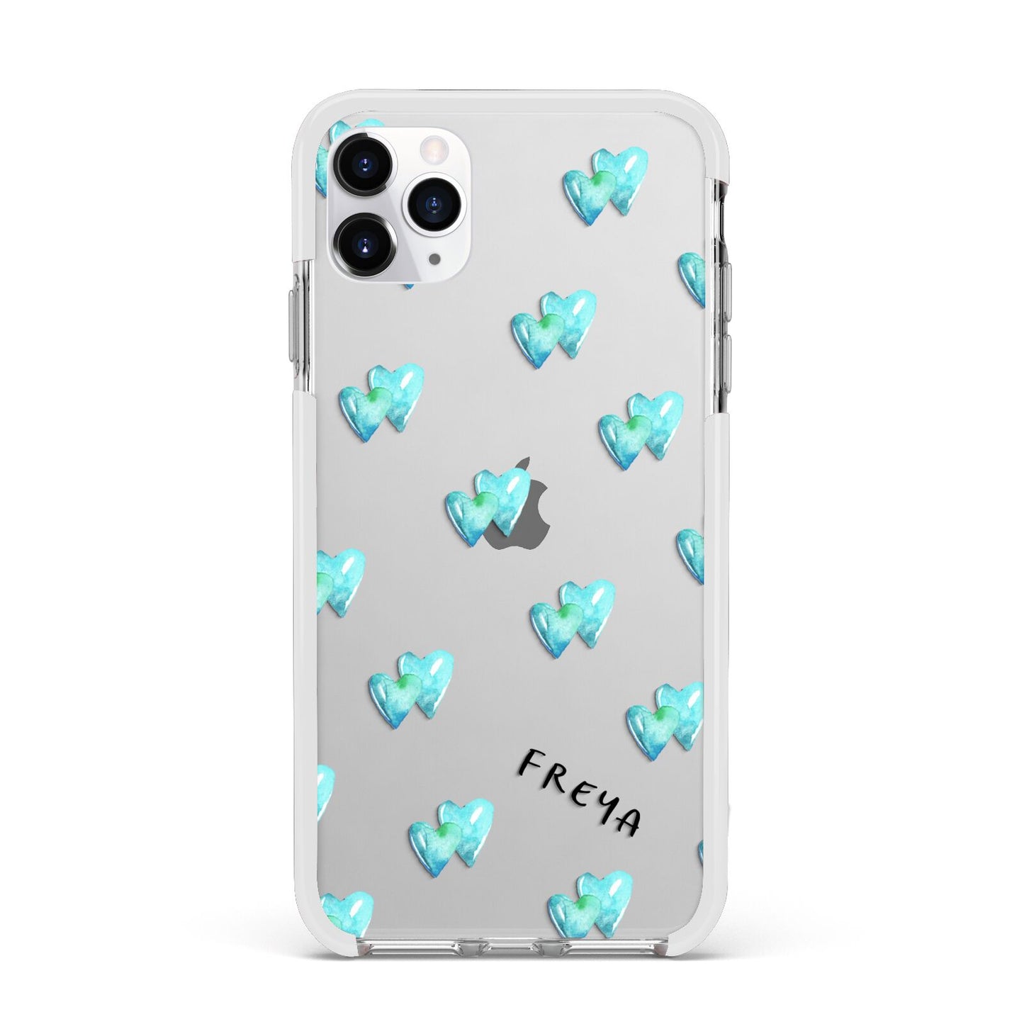 Personalised Blue Hearts Apple iPhone 11 Pro Max in Silver with White Impact Case