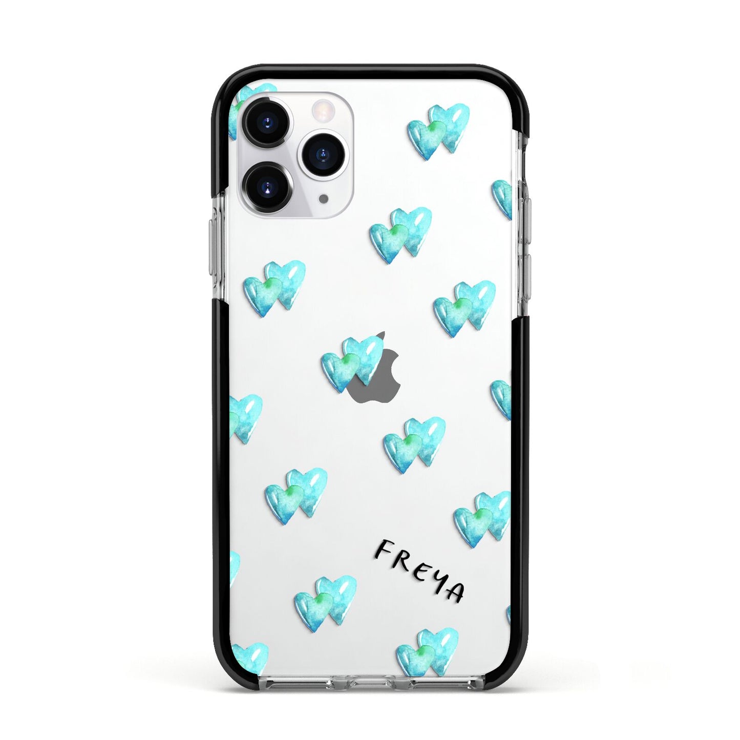 Personalised Blue Hearts Apple iPhone 11 Pro in Silver with Black Impact Case