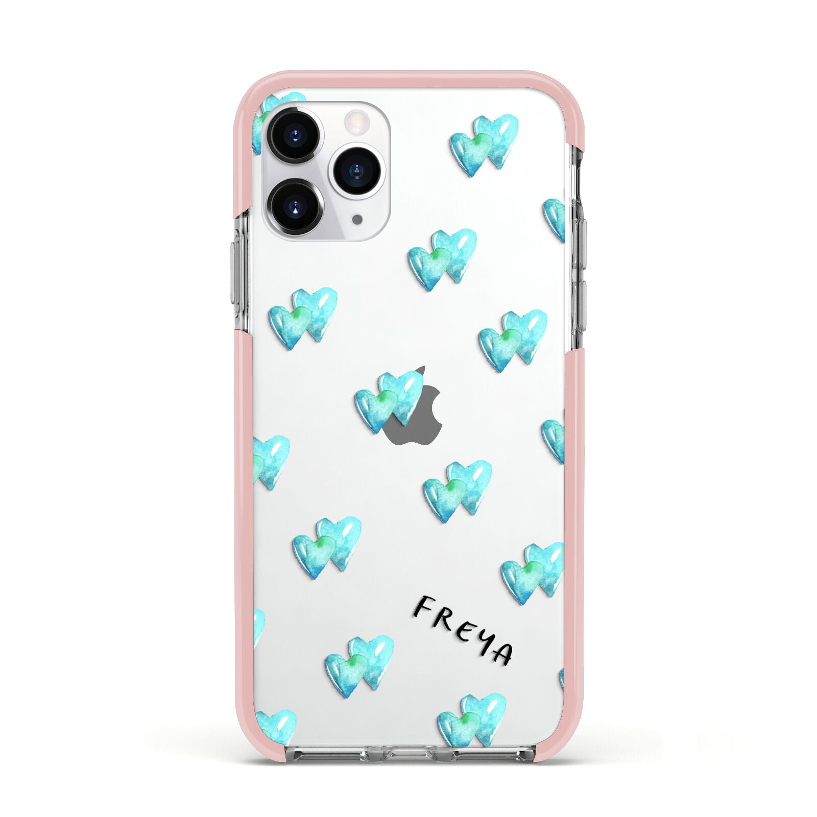 Personalised Blue Hearts Apple iPhone 11 Pro in Silver with Pink Impact Case