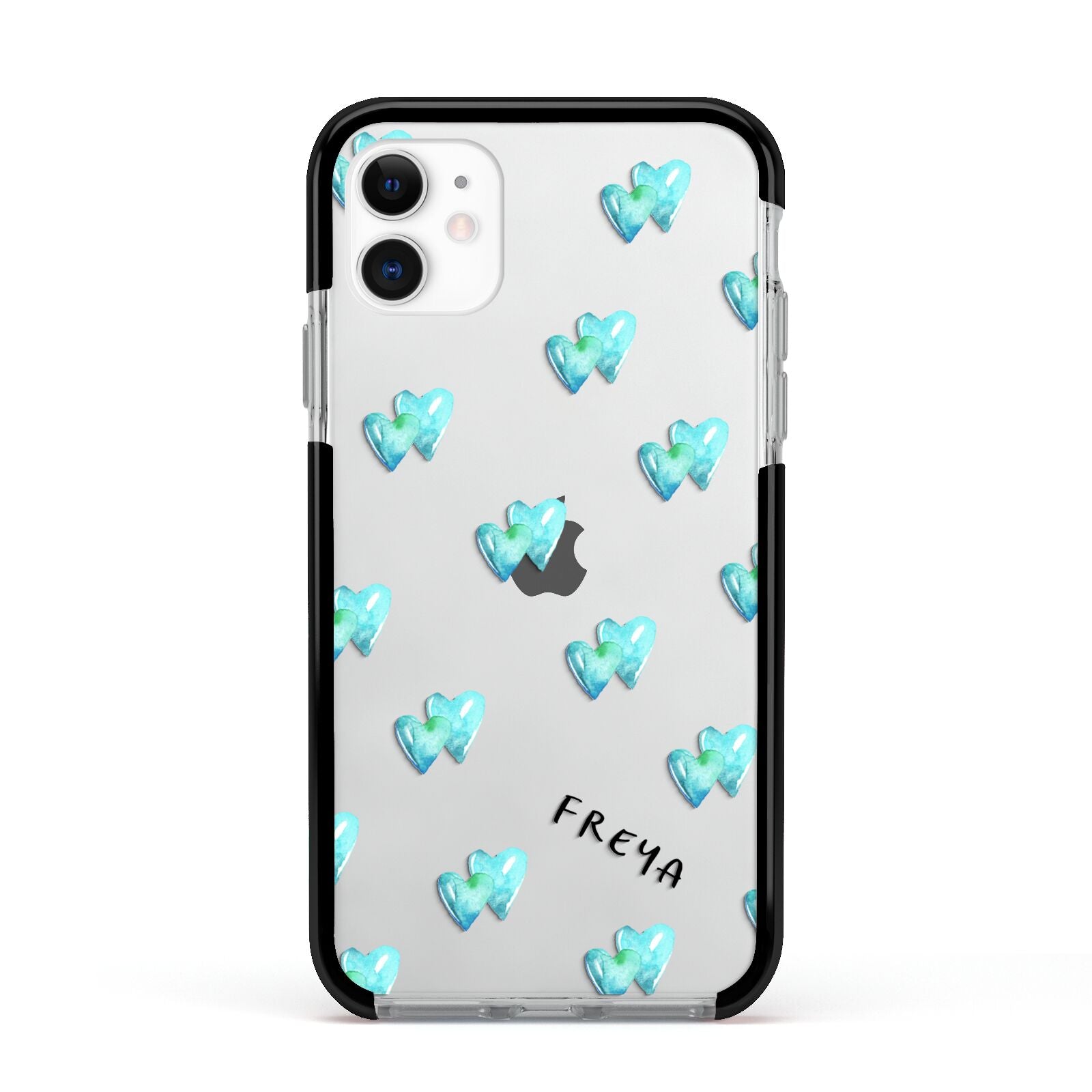 Personalised Blue Hearts Apple iPhone 11 in White with Black Impact Case