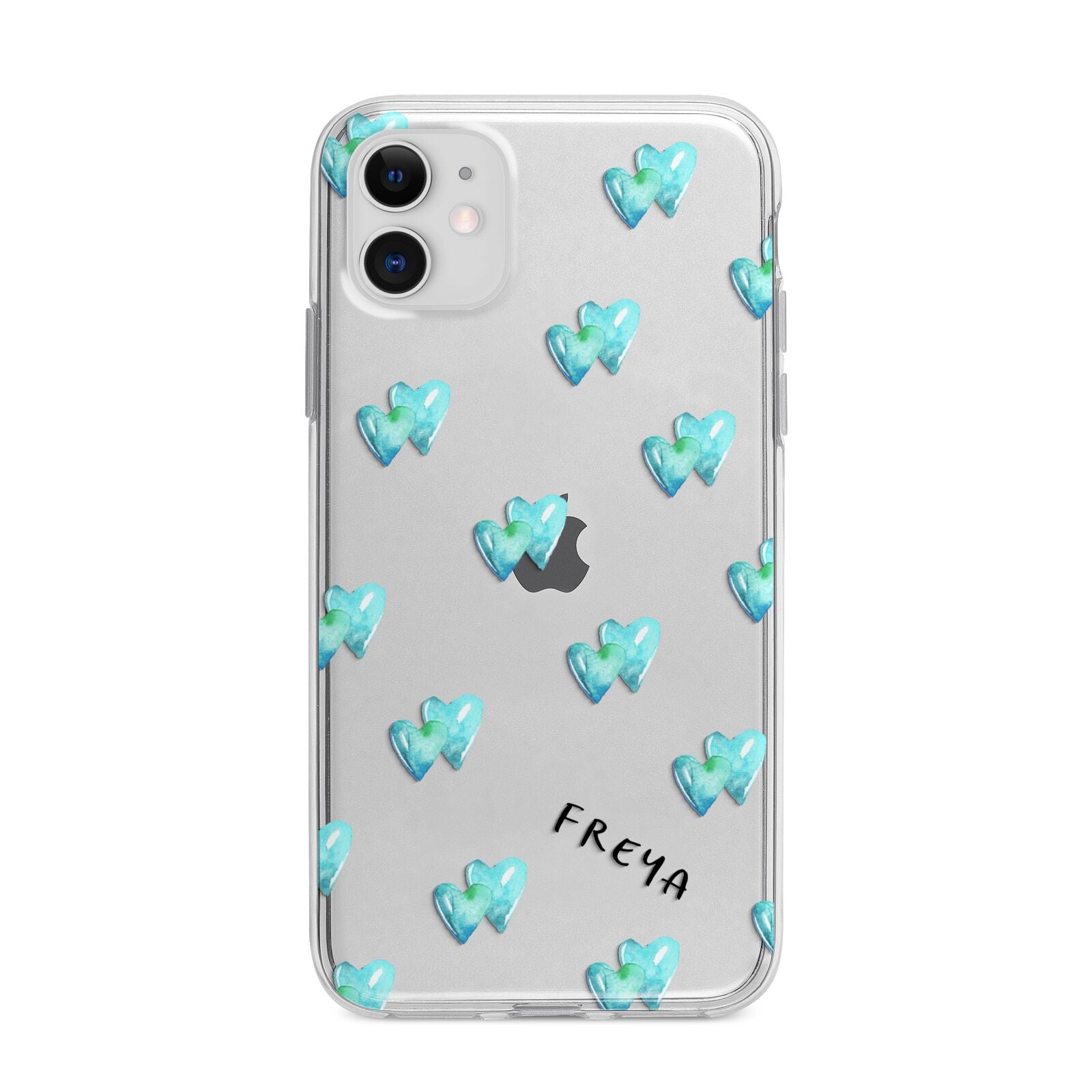 Personalised Blue Hearts Apple iPhone 11 in White with Bumper Case