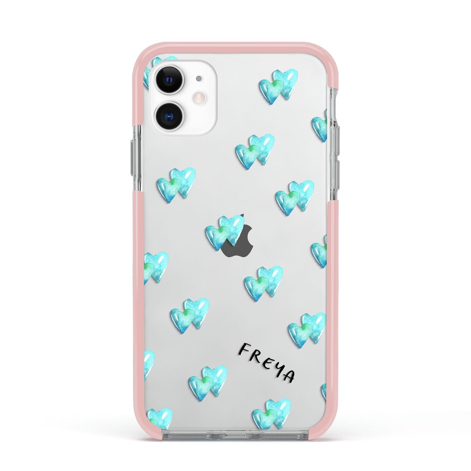 Personalised Blue Hearts Apple iPhone 11 in White with Pink Impact Case