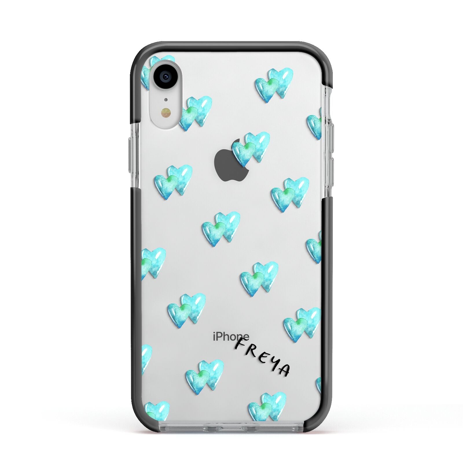 Personalised Blue Hearts Apple iPhone XR Impact Case Black Edge on Silver Phone