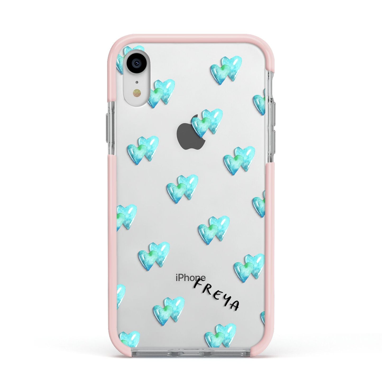 Personalised Blue Hearts Apple iPhone XR Impact Case Pink Edge on Silver Phone