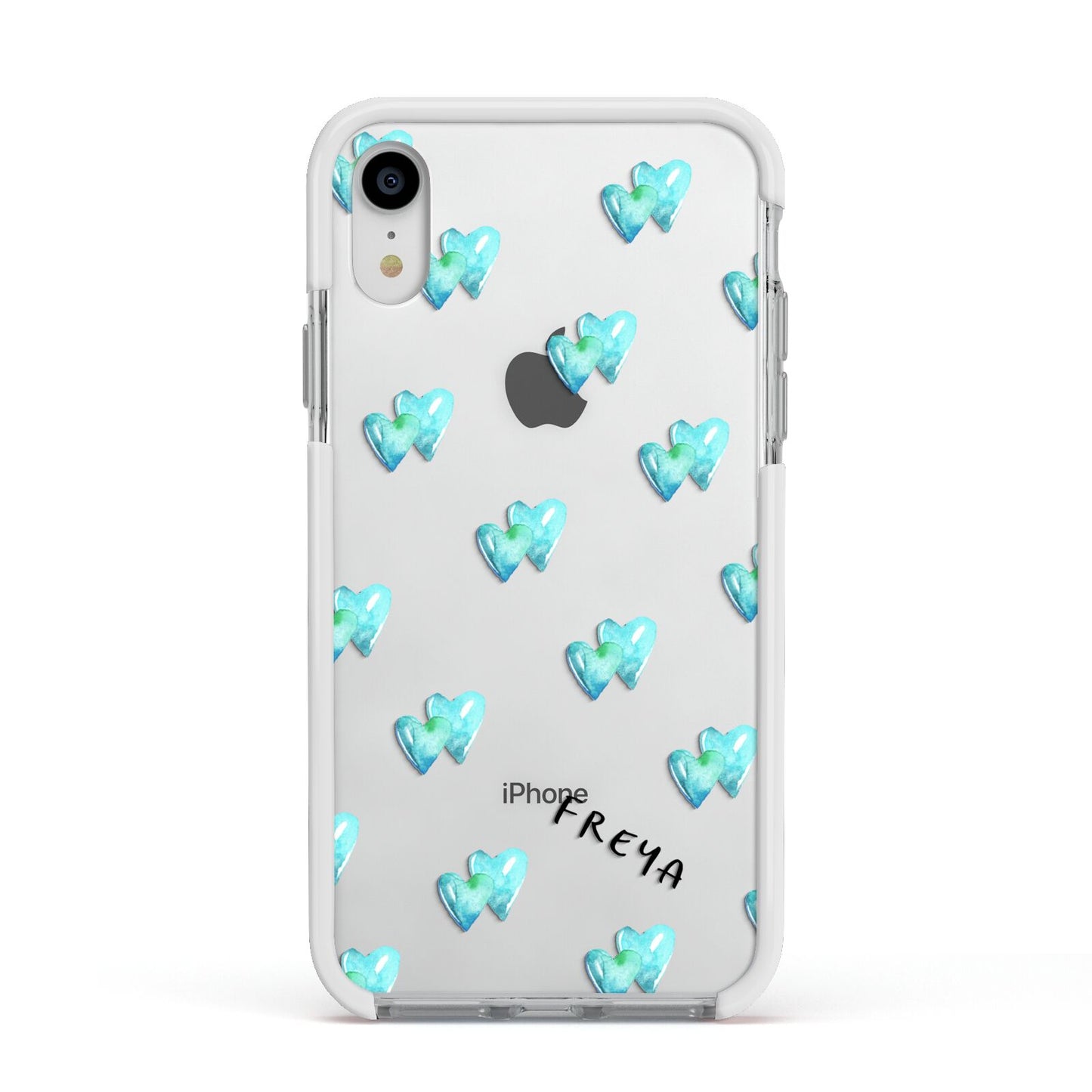 Personalised Blue Hearts Apple iPhone XR Impact Case White Edge on Silver Phone