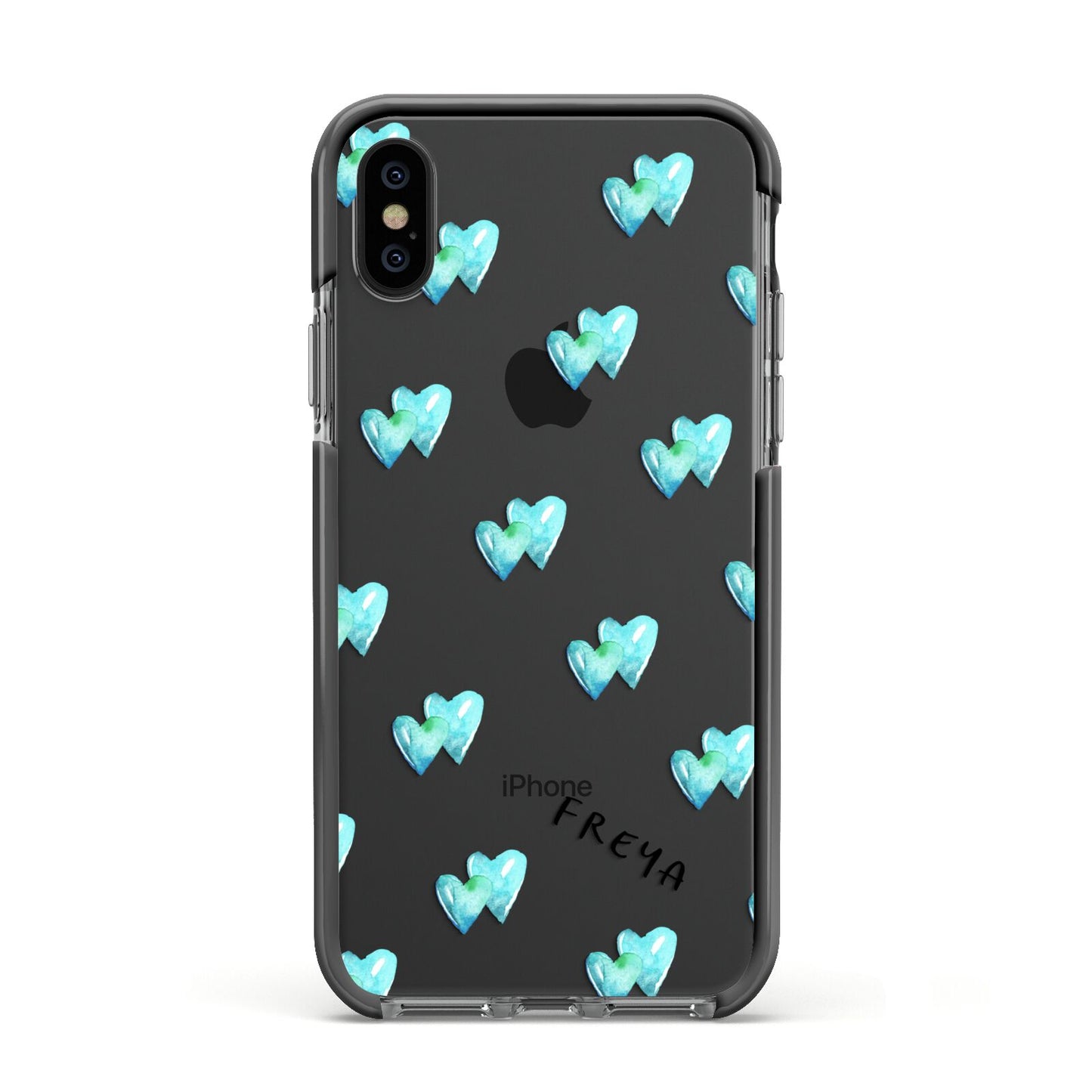 Personalised Blue Hearts Apple iPhone Xs Impact Case Black Edge on Black Phone