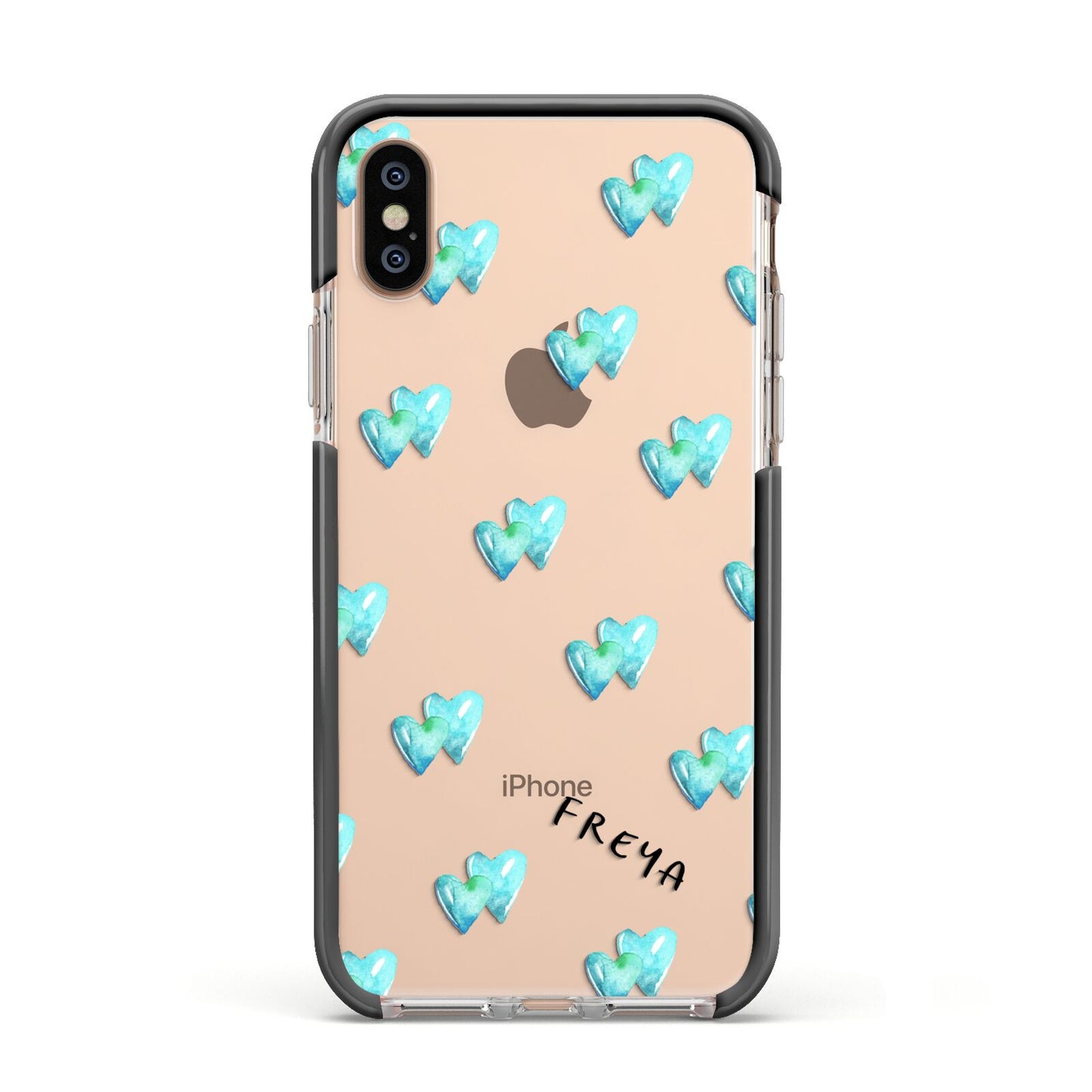 Personalised Blue Hearts Apple iPhone Xs Impact Case Black Edge on Gold Phone