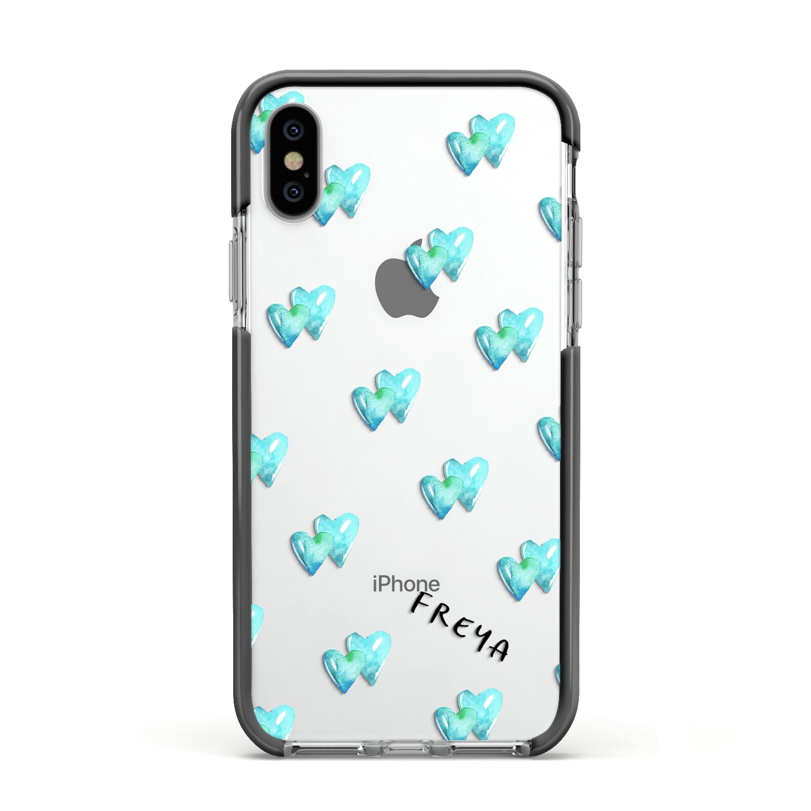 Personalised Blue Hearts Apple iPhone Xs Impact Case Black Edge on Silver Phone