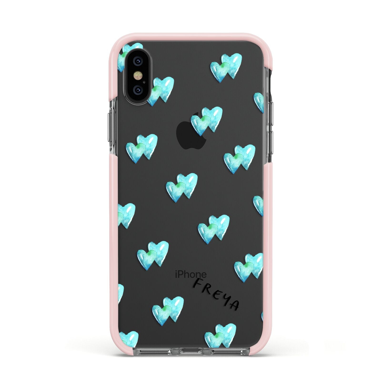 Personalised Blue Hearts Apple iPhone Xs Impact Case Pink Edge on Black Phone